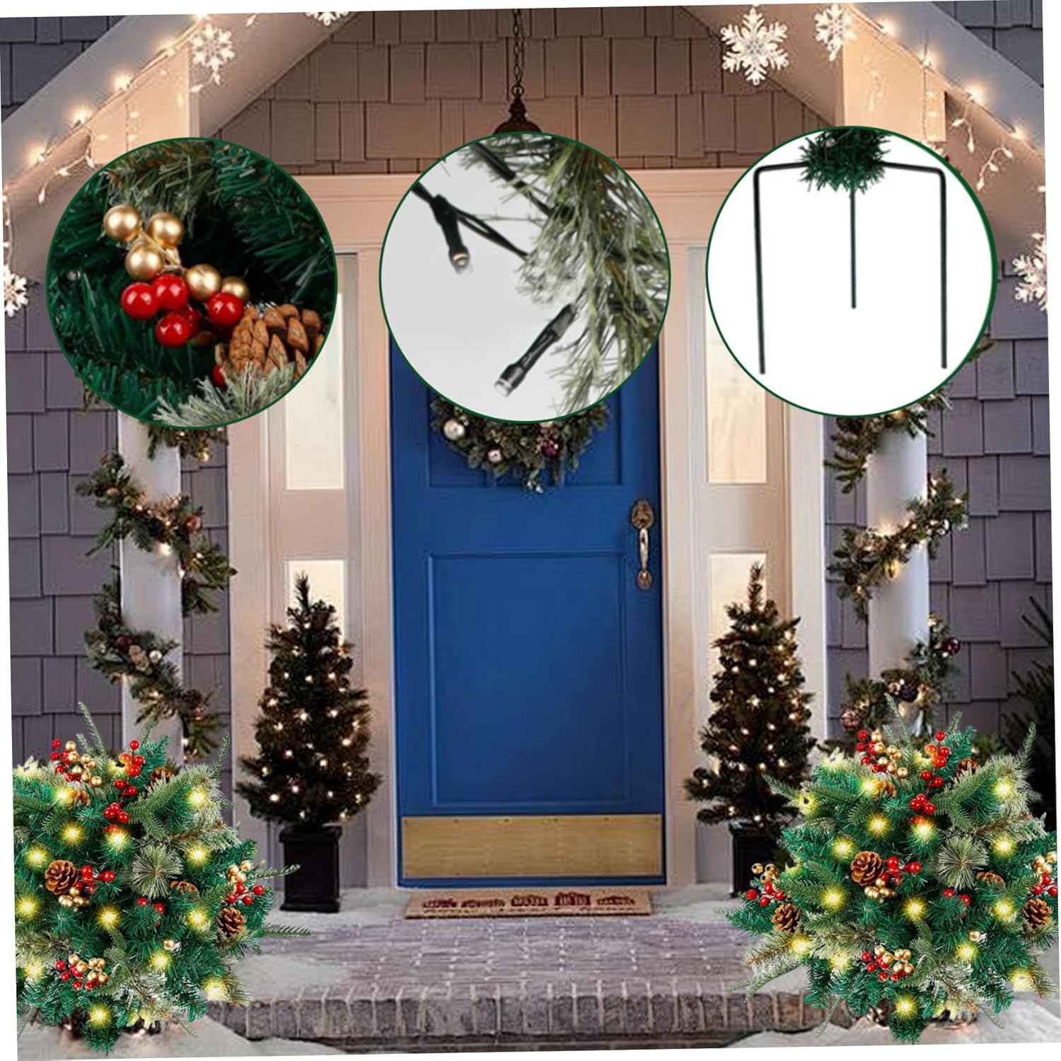 Christmas Decorations LED Lighted Artificial Christmas Tree Pot Filler Golden Red Berries Christmas Planter Filler Decorative Garden Stakes, Yard Stakes Christmas Decor.