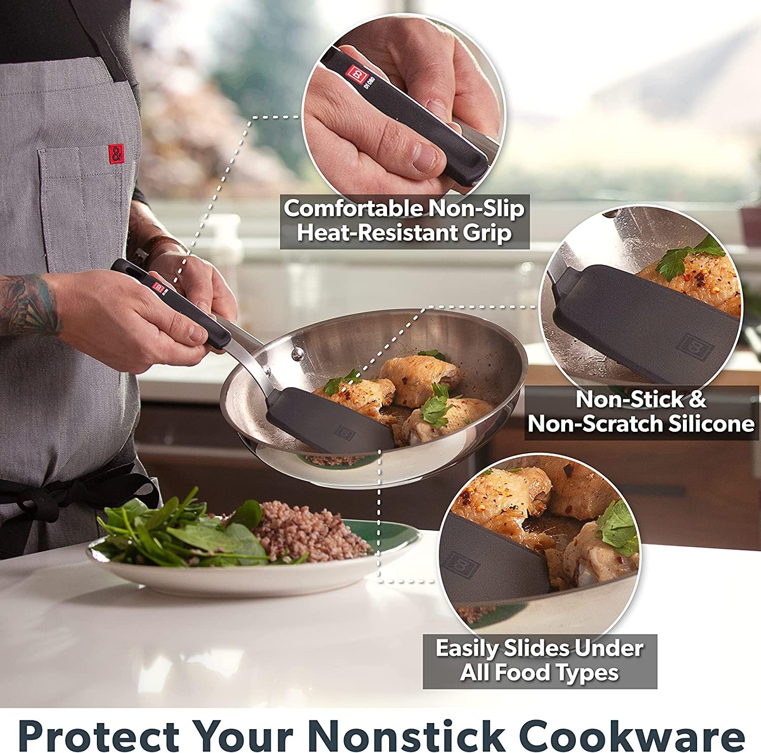 DI ORO - Juego de espátulas de silicona para utensilios de cocina antiadherentes, resistentes al calor y sin BPA, aletas flexibles y finas para girar huevos y panqueques (6 piezas, negro)