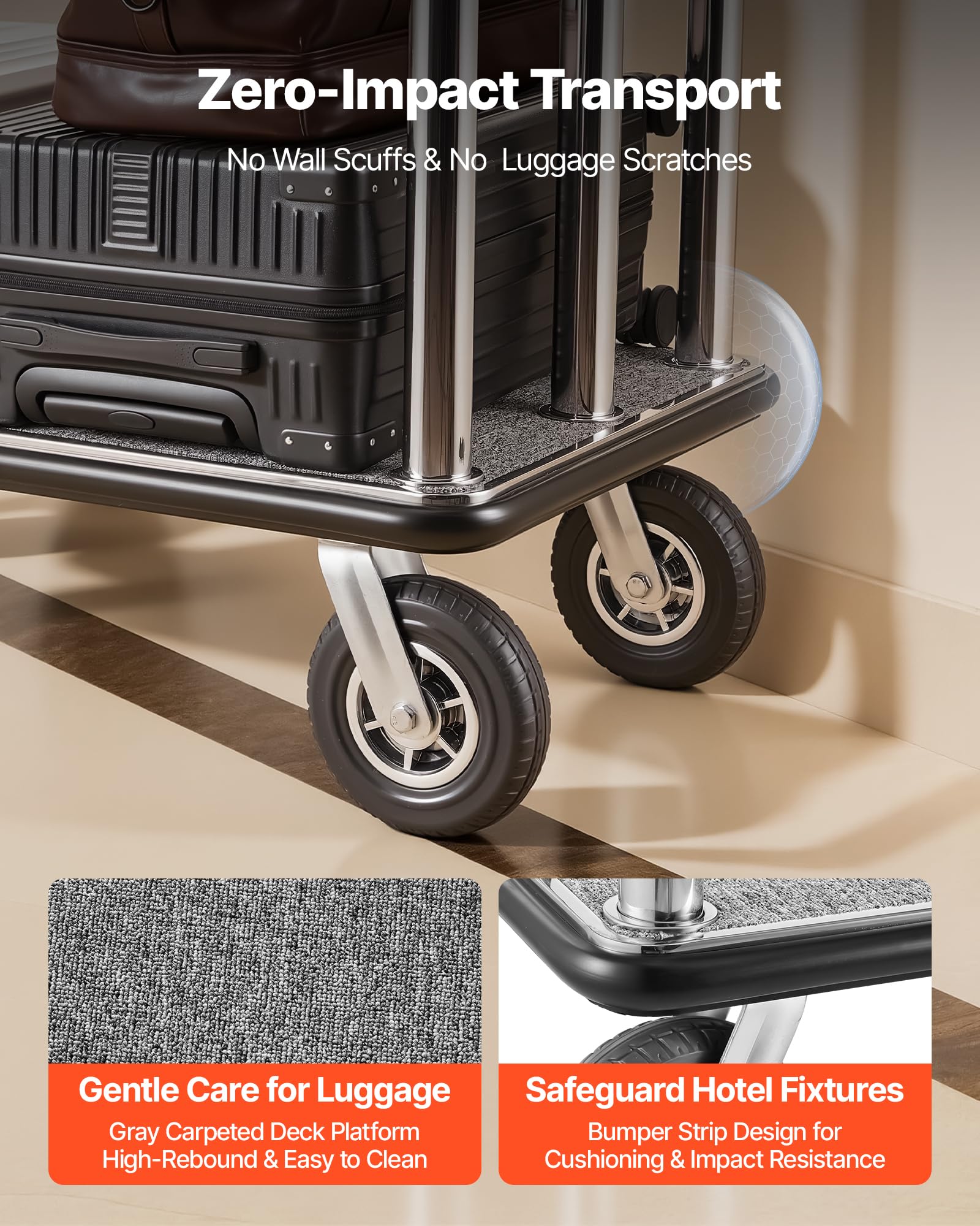 VEVOR Carrello Portabagagli per Hotel, Portata Max 680,39 kg, Carrello Bagagli Hotel con Telaio in Acciaio Inox, Ruote in Gomma da 203 mm, Pianale Rivestito in Moquette Grigia, per Alberghi e Resort