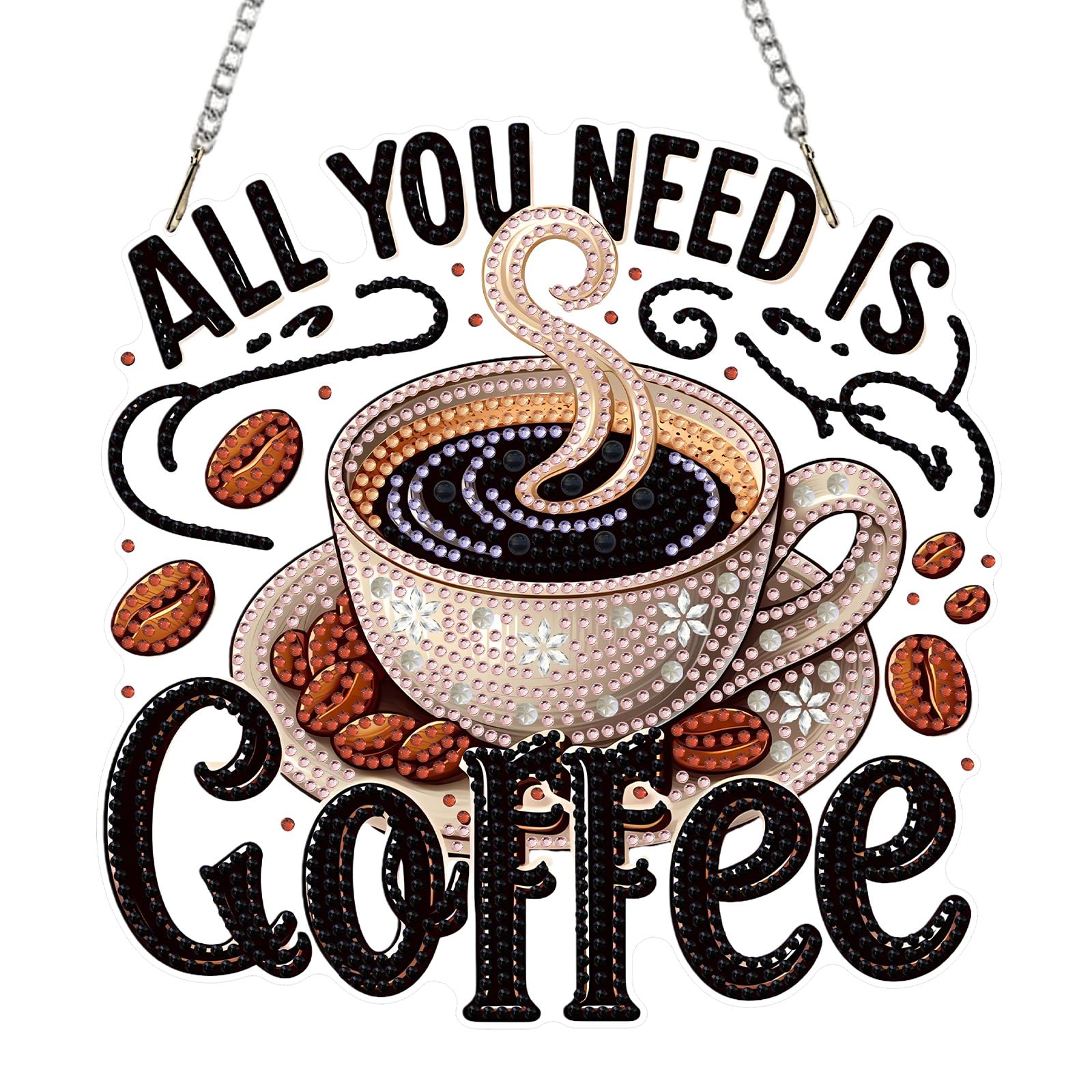 QENSPE Coffee Diamond Art Hanging Ornaments, Special Shaped Drill Diamond Painting Kits for Adults, Coffee Addict Crystal Gem Art Pendant 5D Window Crafts for Wall Garden Door Decor, 20cm Width