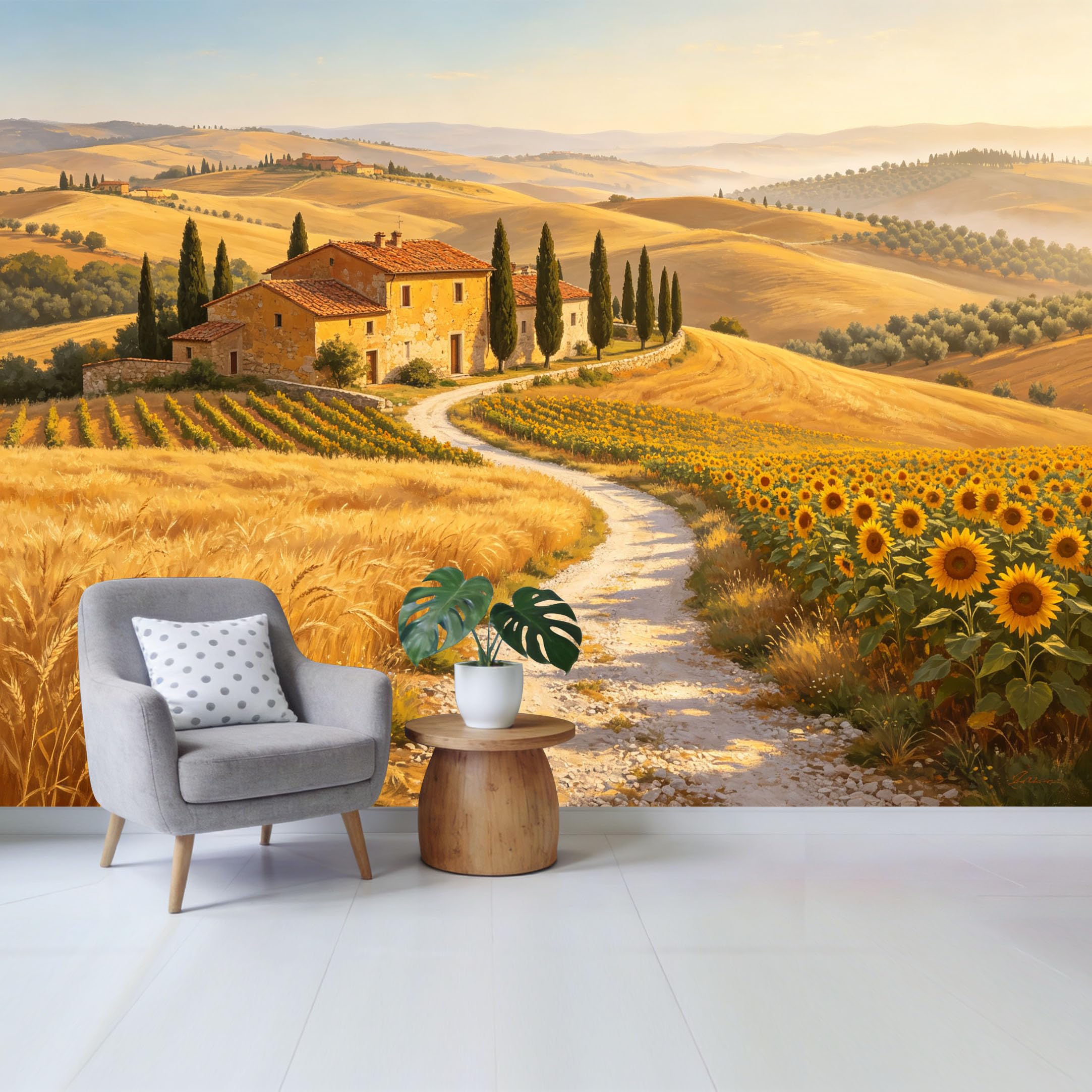 Custom Size Wall Mural Tuscan Sunflowers Fields Farmhouse Landscape Removable Self Adhesive Fabric，Home Wall Decor for Living Room Bedroom Bathroom Contemporary Art Style