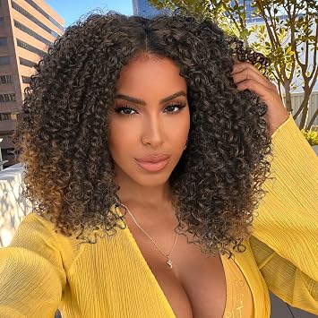 Curly Lace Front Wigs Short Kinky Curly Wig 1341 HD Glueless Lace Curly Wig Ombre Brown Synthetic Lace Wigs for Women Deep Wave Hair 2/30