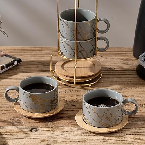 Miniatura 6 de LUKA Juego de 4 tazas apilables de porcelana de 6 onzas con platillos y soporte de metal, tazas de capuchino de cerámica para bebidas de café
