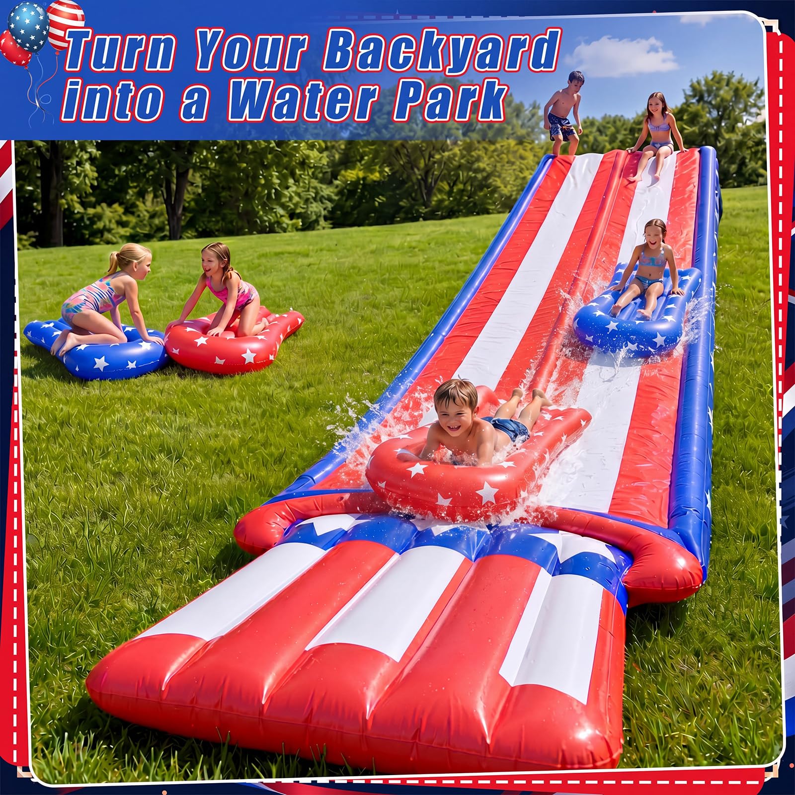 Scivolo acquatico patriottico del cortile del 4 luglio da 6,7 m con irrigatore e 2 bodyboard 2 corsie slip rosso bianco e blu bandiera americana scivolo per il Memorial Day 250th Outdoor