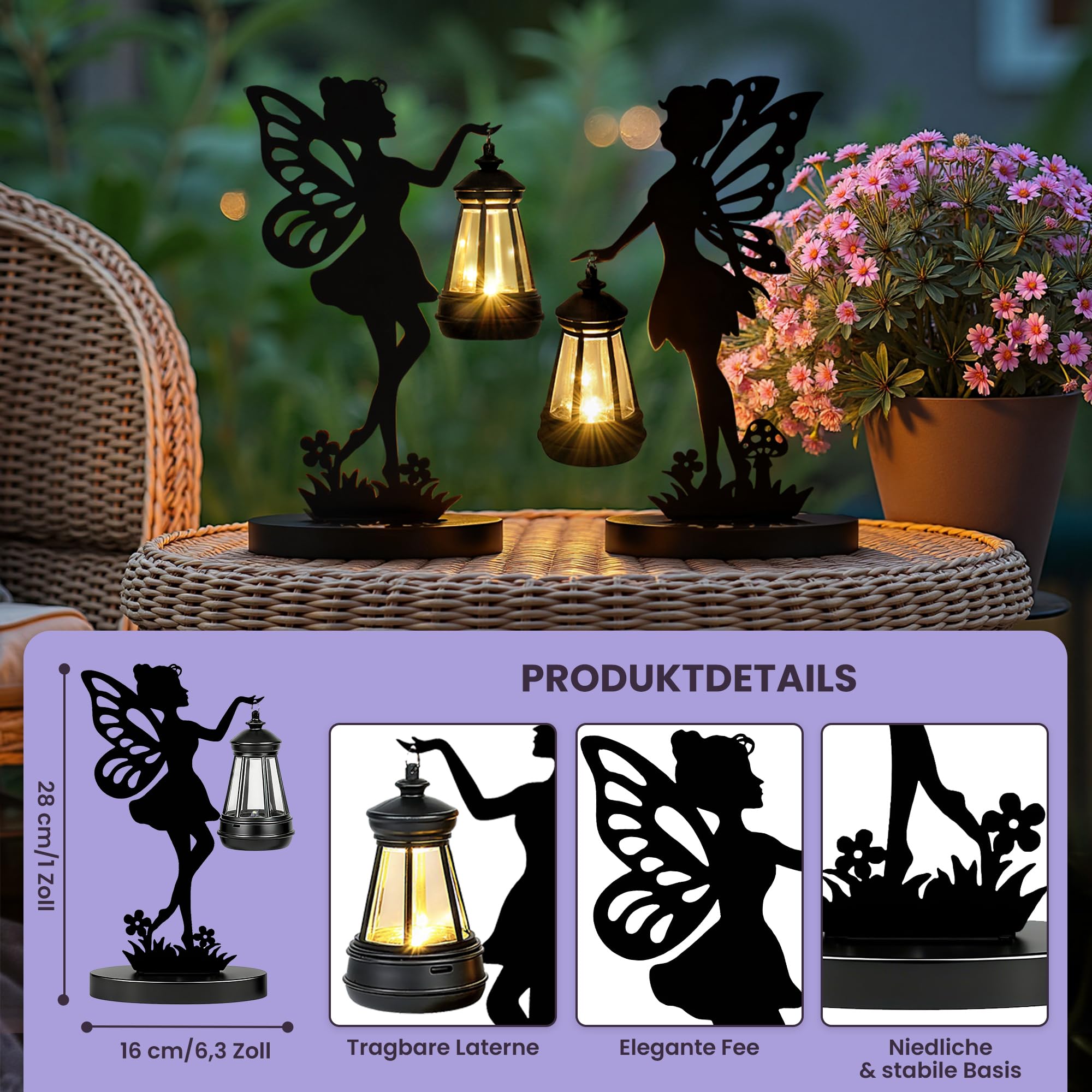 GIGALUMI Eiserne Feenstatue, Gartenornamente, für den Außenbereich mit solarbetriebenen Lichtern, wasserdichte Gartenstatue, Dekorationen für Terrasse, Hof, einzigartig für Mutter（2 Stück）
