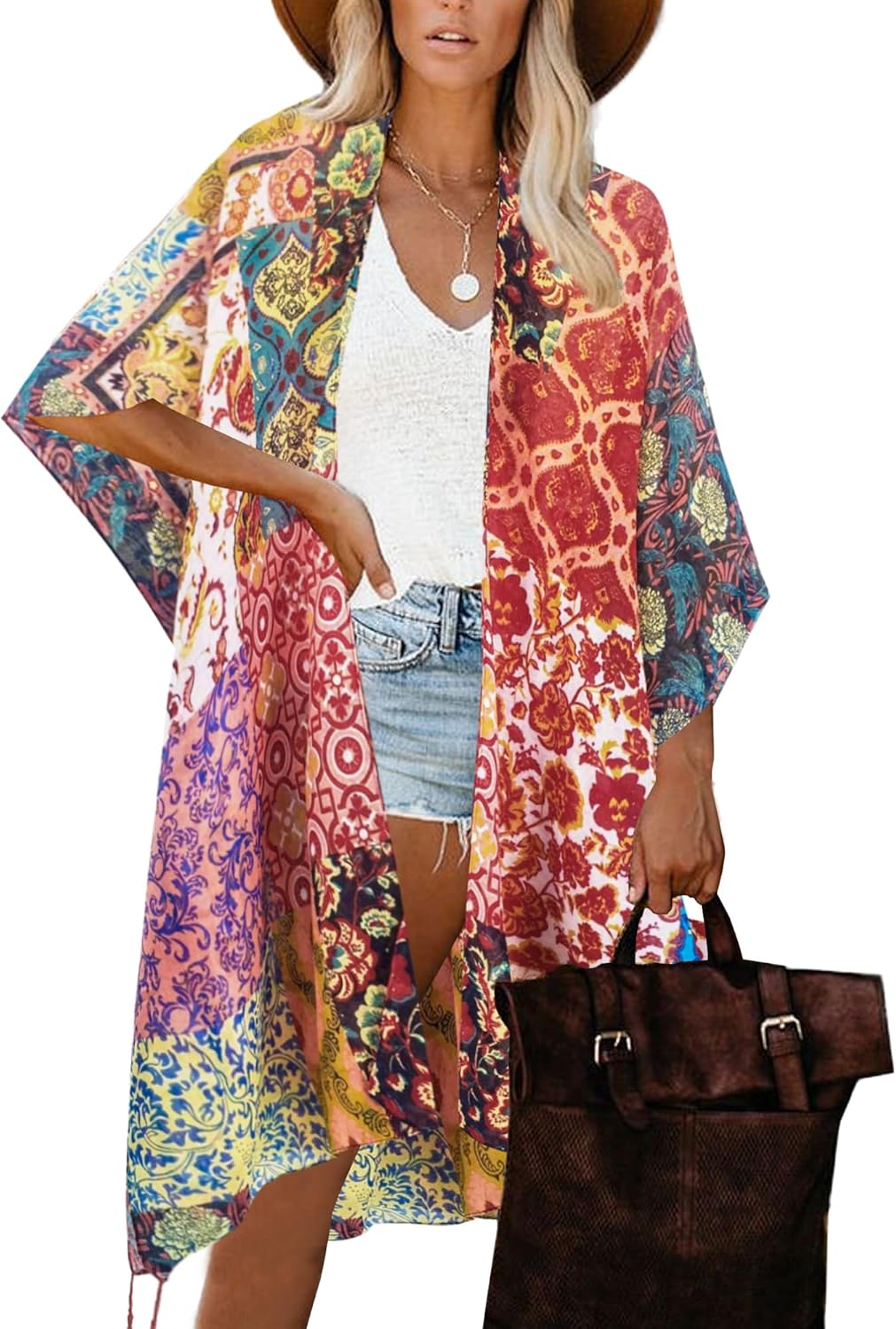 Moss Rose Women's Beach Cover up Swimsuit Kimono with Bohemian Floral Print, Loose Casual Resort Wear - Image 7