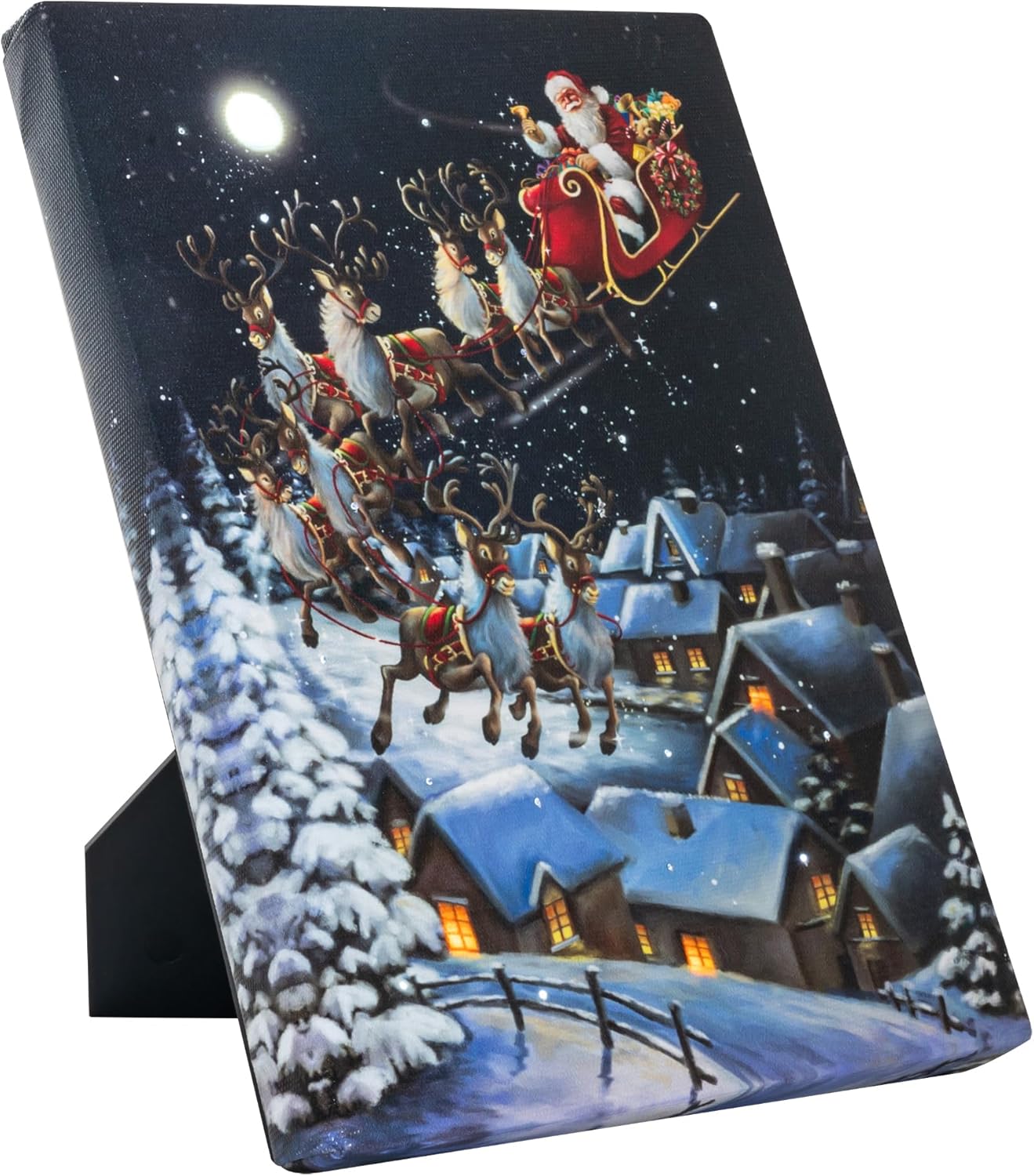 DEMAGNNIE 8"x6" LED Lighted Christmas Wall Art w/Timer, Twinkling Fiber optic Christmas Decorations, Light up Santa Picture w/Deer Trees Winter Snowy Scene, Small Lighted Xmas Tabletop Canvas Prints