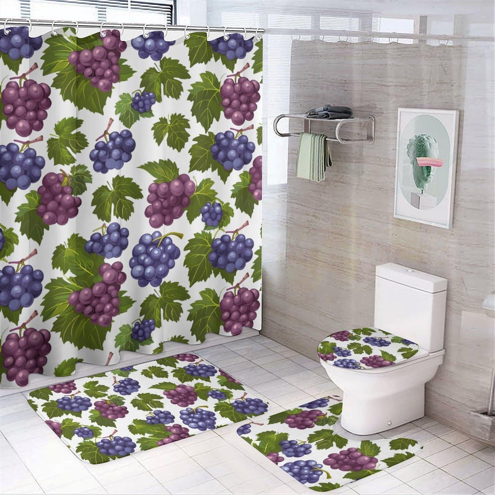 CGSBNGHA Purple Grapes with Green Leaves Shower Curtain Set 4 Piece Bathroom Sets with Rugs Toilet Lid Cover And U-Shaped Floor Mat