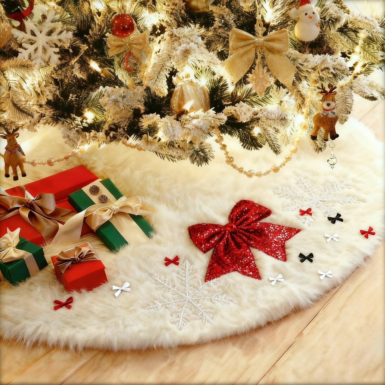 48 inch christmas tree skirt, faux fur white plush tree skirt with diy accessories kit (sparkling snowflakes & bows) for merry christmas party christmas tree decoration (snow white, 48 inches) snow white 48 inches