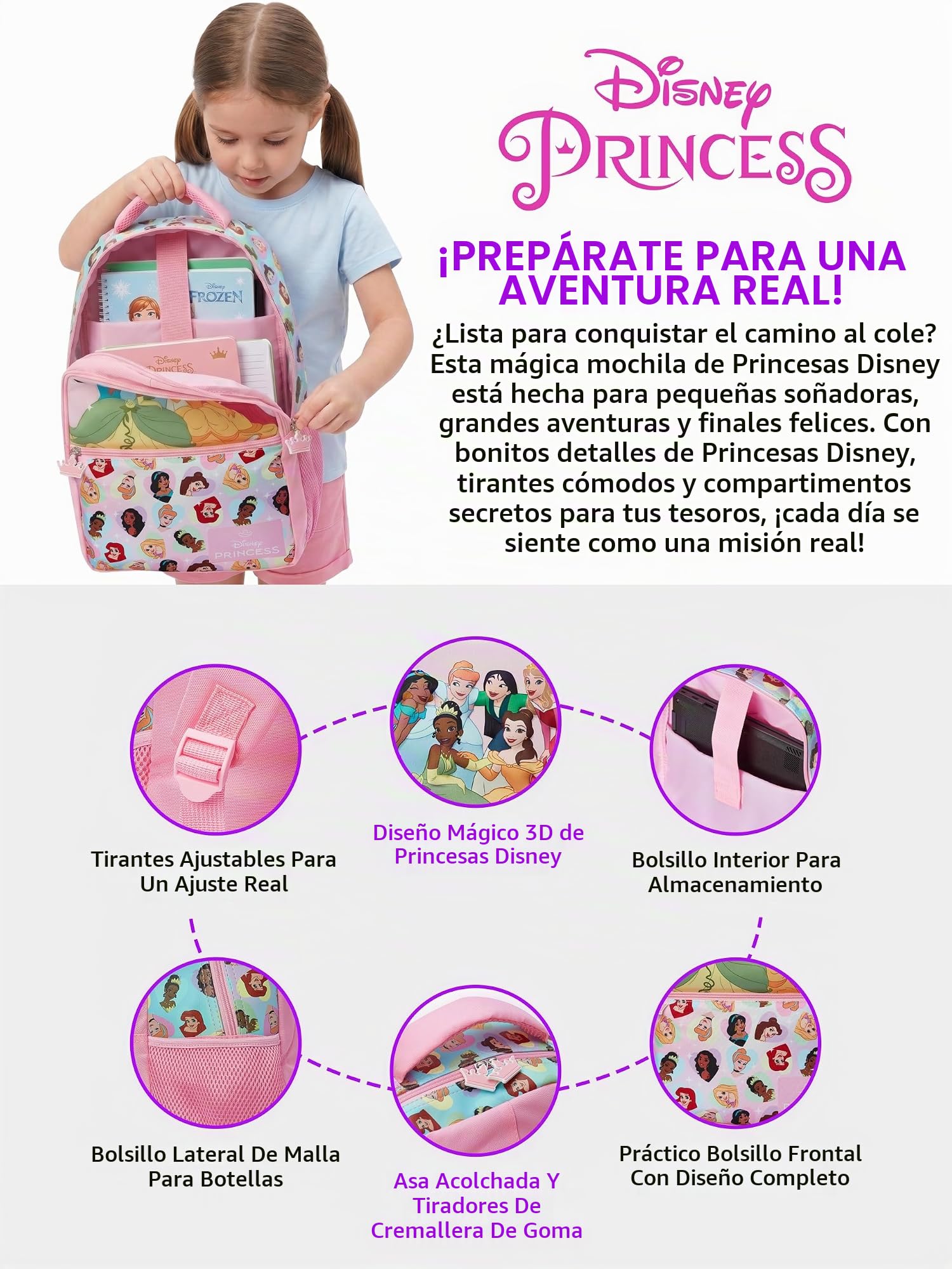 Disney Mochila Niña, Princesas Mochilas Pequeñas, Pink One Size