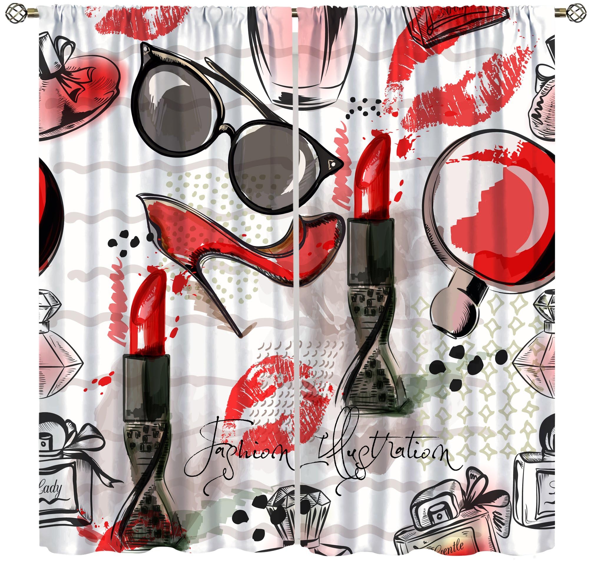 VUMIVI Fashion Curtains Red High Heels Perfume Lipstick Sunglasses Modern Art Window Treatments for Girls Kids Bedroom Living Dining Room 42" W X 44.5