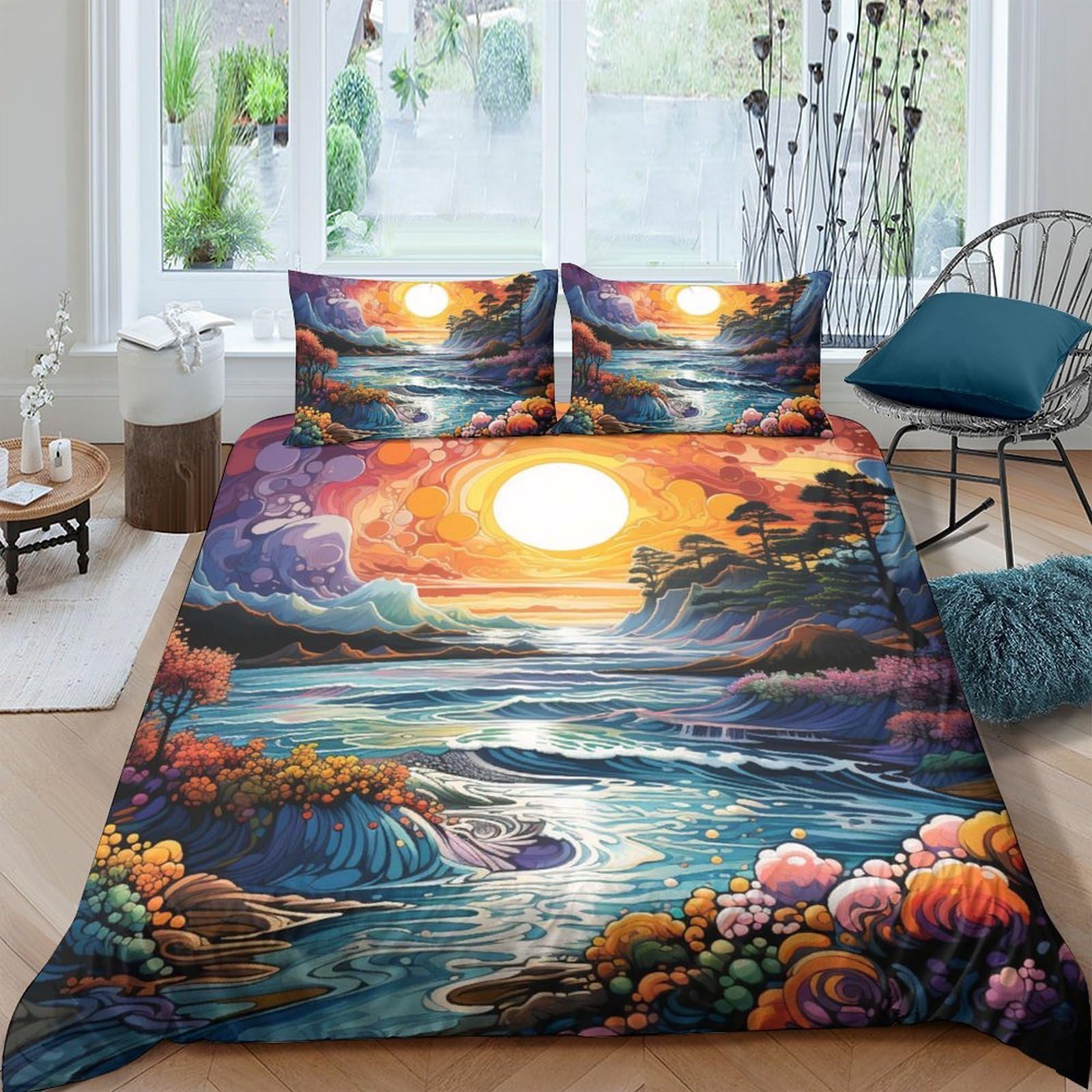 Ctjqhvkz Style-5 3D Printed Sunset Ocean Fitted Sheet Microfiber Soft Breathable Landscape Mattress Cover For Bedroom Guest Room Decor Single（135X200cm）