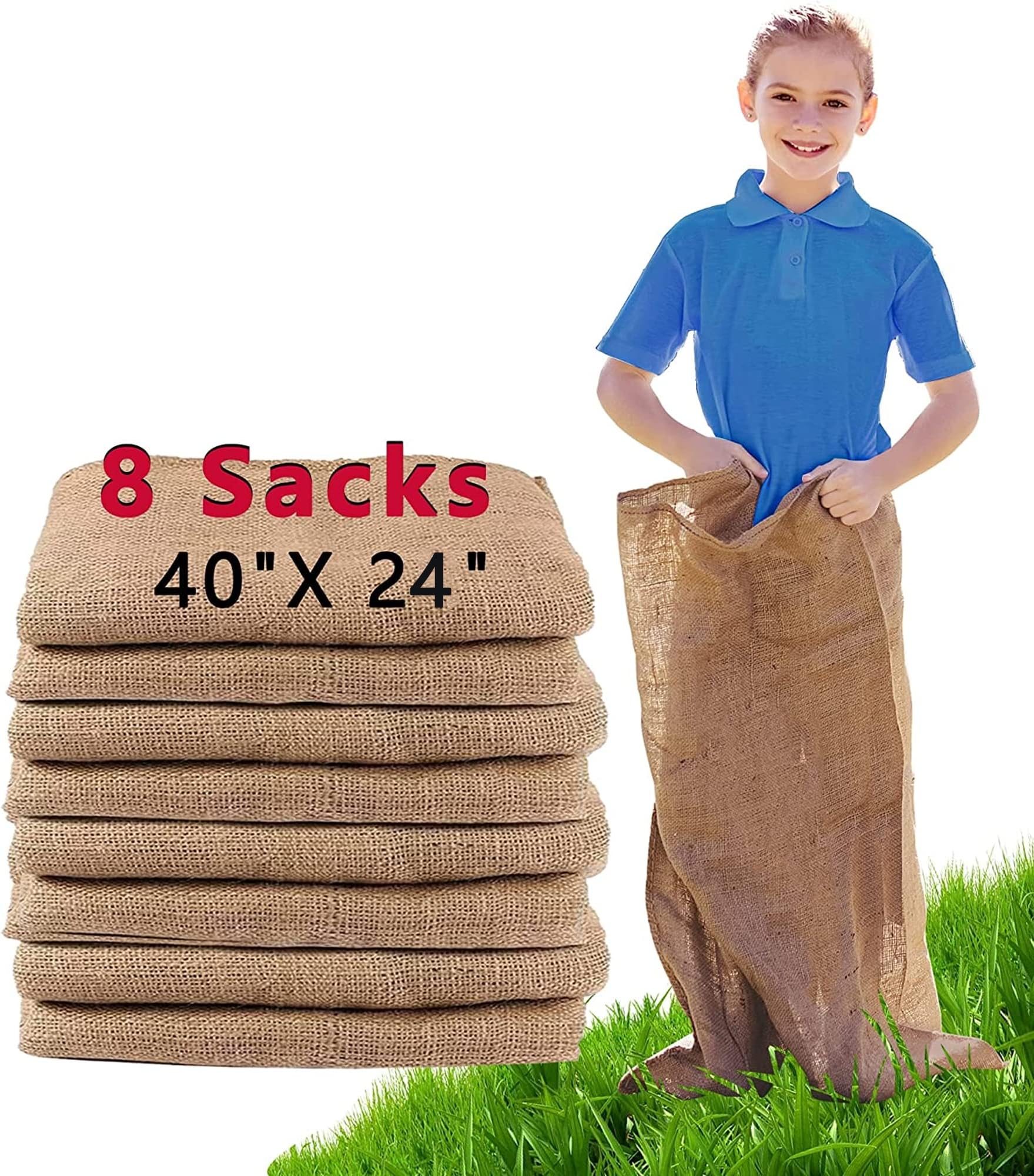 8 Pack Burlap Potato Sack Race Bags, 24"x40" Outdoor Lawn Games for Kids & Adults, Outside Yard Games for Birthday Party, Field Day Family Reunion, Carnival, Easter, Halloween, 4th of July