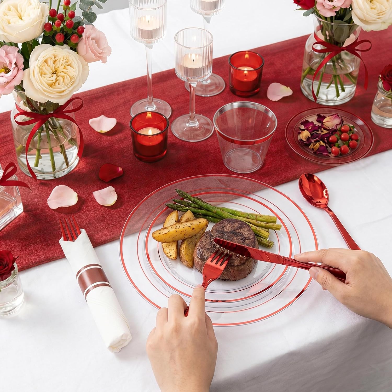 I00000 350 Pcs Red Plastic Dinnerware Set for 50 Guests,Clear Red Plates Set Include: 100 Plates, 50 Cups, 50 Per Rolled Napkins with Cutlery for Wedding & Party