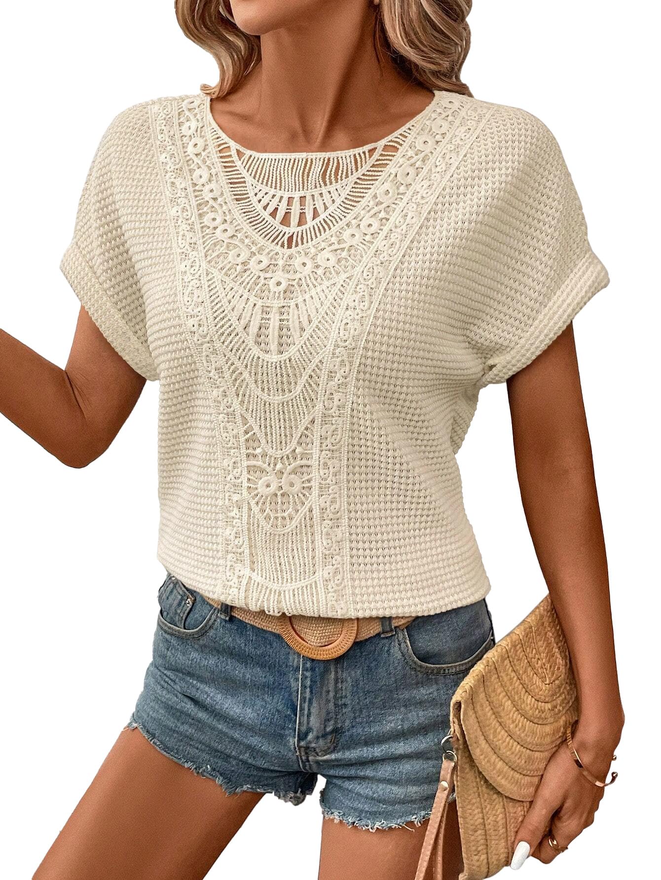Chicrise Tshirt Damen Sommer Rundhals Lochstickerei Bluse Waffel Spitzen Kurzarm Oberteile Elegant