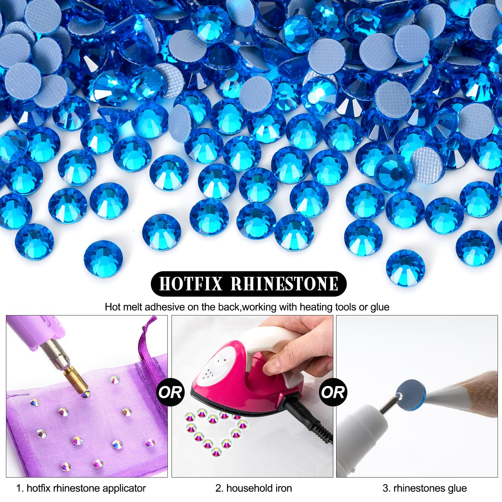 2000 strass blu Capri Hotfix, in vetro, strass termoadesivi per artigianato, vestiti, decorazioni fai da te, SS30, 6,4-6,6 mm