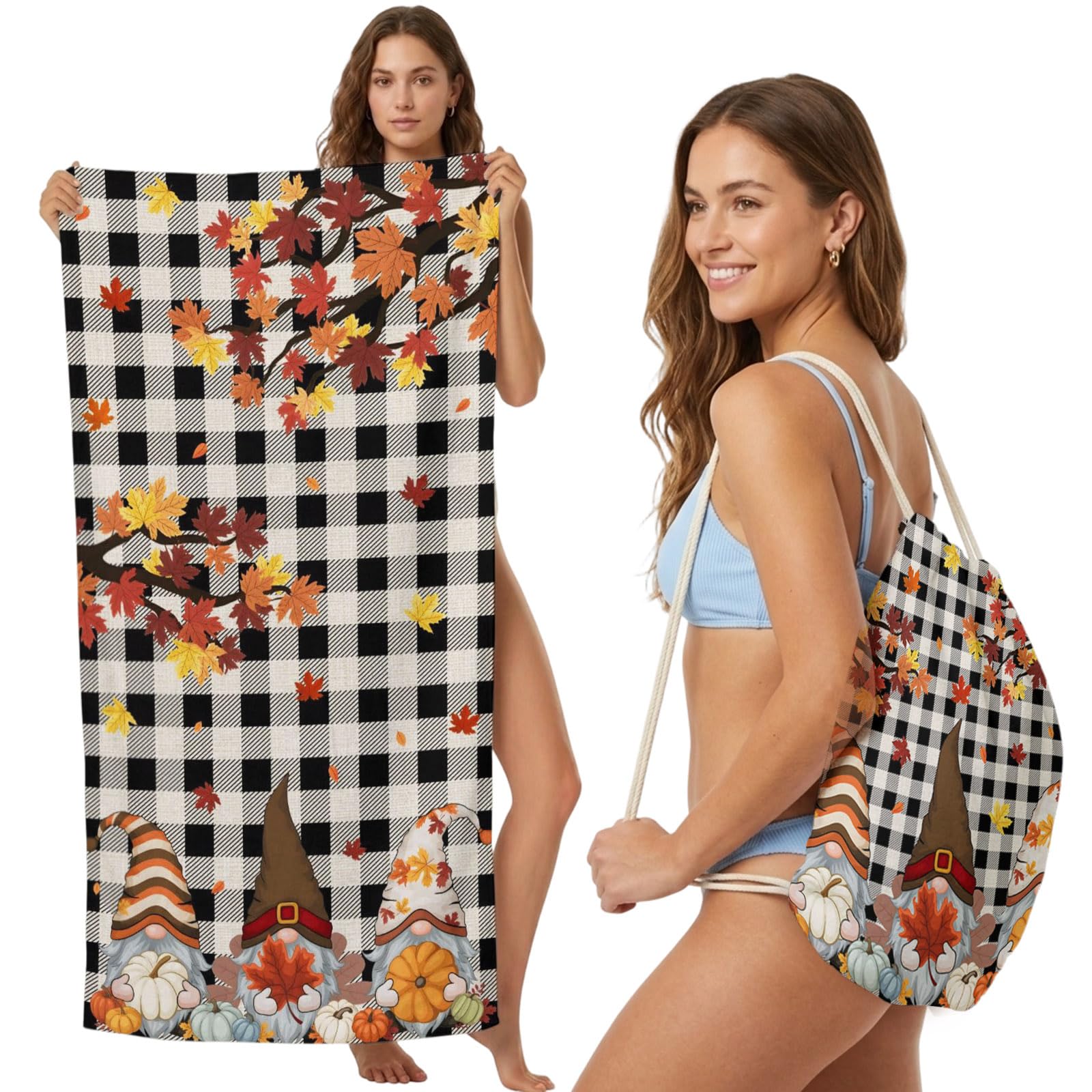 FWJZDSP 2-in-1 Beach Towel Backpack,Thanksgiving Gnomes on Black Plaid Bath Towel with Built-in Storage Autumn Pumpkins Convertible Foldable Beach Blanket for Travel Pool Gym Camping Swim,31x63in