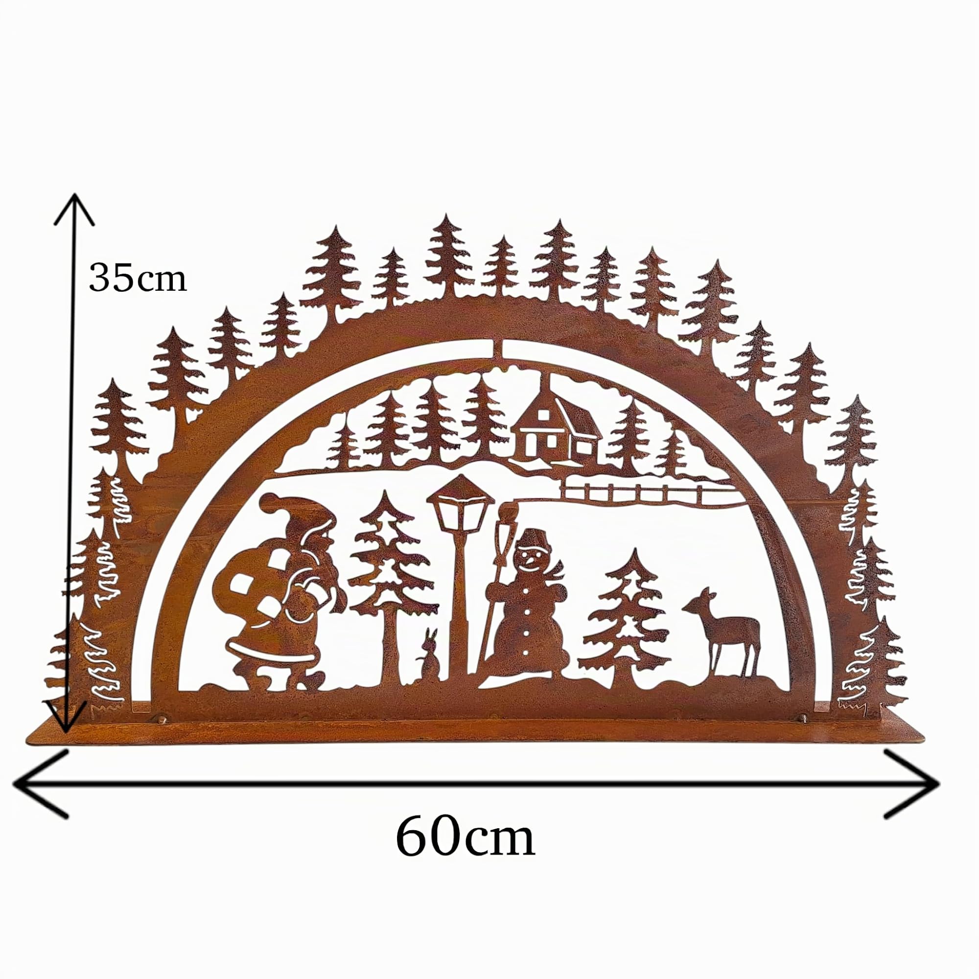 Edelrost Weihnachtliche Schwibbogen Dekoration, Winterlandschaft mit Schneemann, Metall Rostoptik, 60x35cm, Garten und Haus Weihnachtsdeko