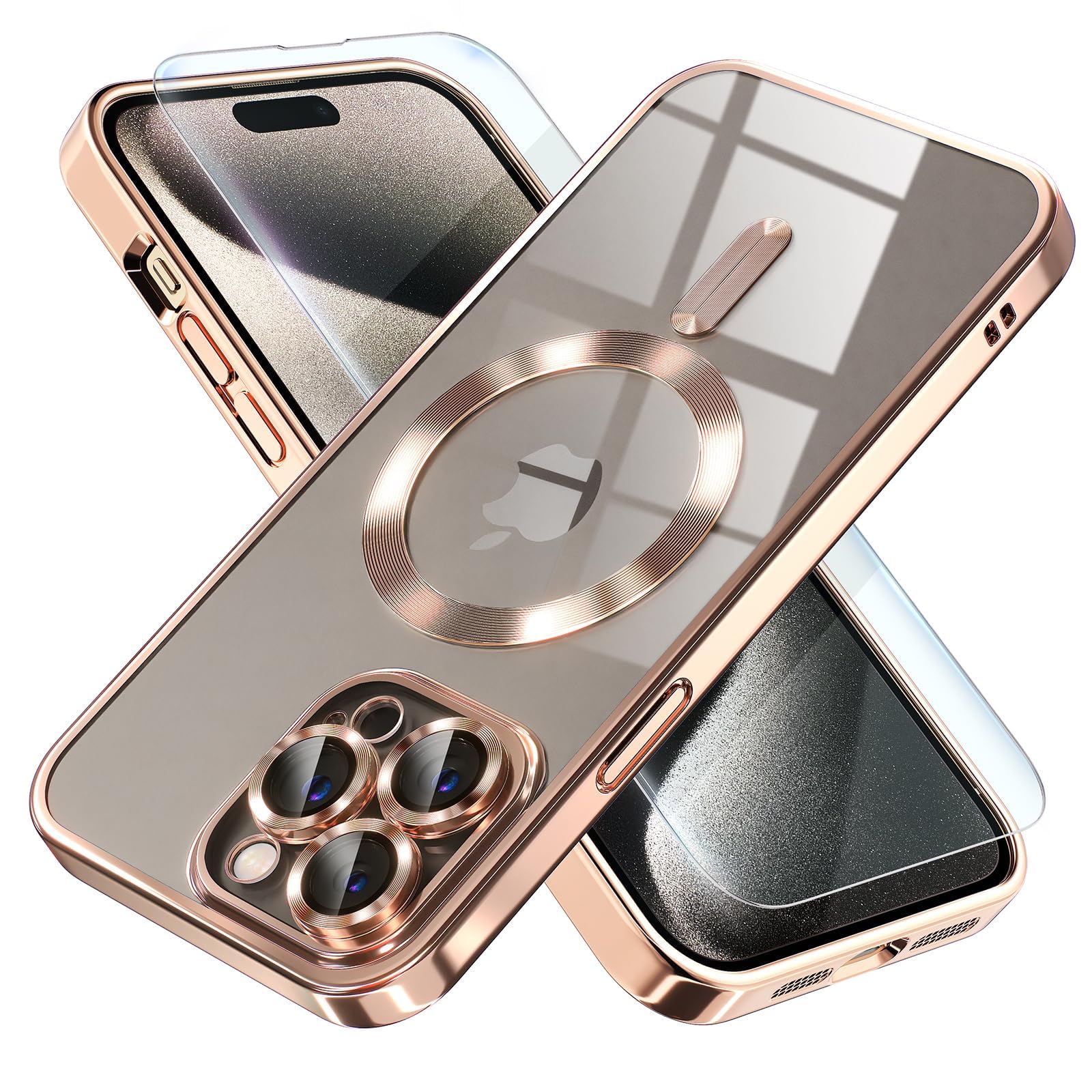 PRIMEZILLA Magnetic Case for iPhone 15 Pro Compatible with Mag-safe with 1Pcs iPhone 15 Pro Screen Protector [Camera Lens Protection] Shockproof iPhone 15 Pro Cover 6.1" (Gold)