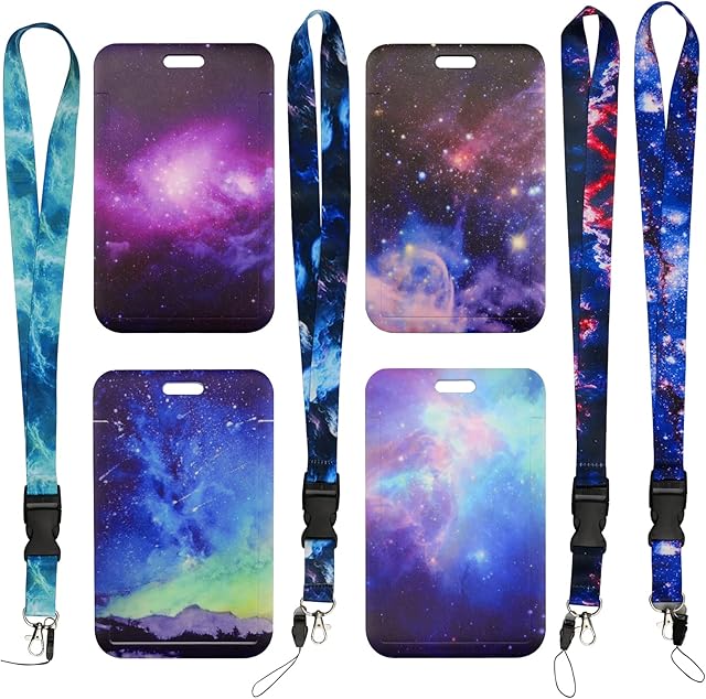 ZoZoMaiy Plastic Badge Holder 4 PCS Galaxy Neck Strap Lanyard with Card Holder Kids Lanyard with ID Card Holder for Bank Cards Student Meal Cards Bus Cards Access Cards ID Cards Work Badges