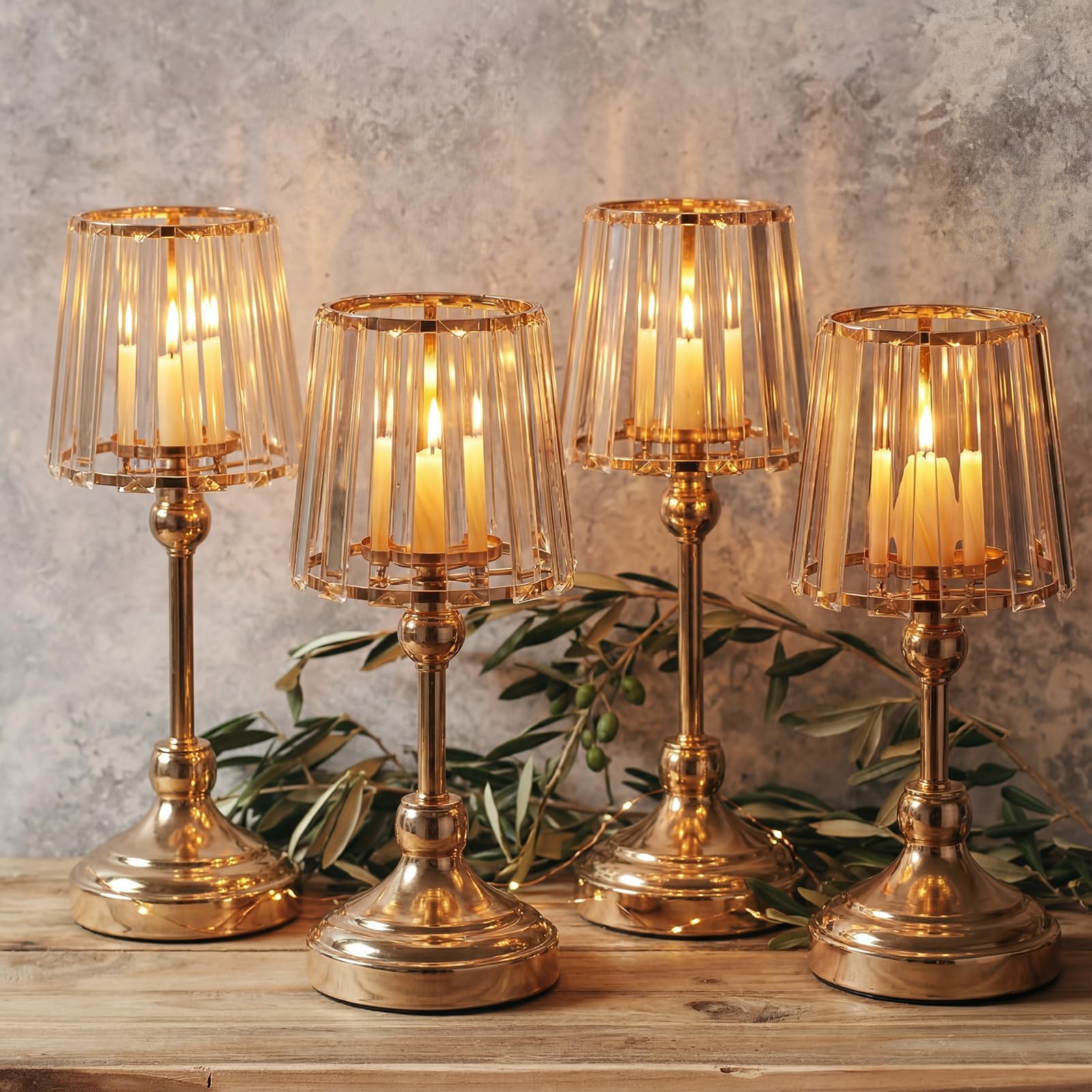 Photo 1 of Gisafai 4 Pack 11" Gold Candle Centerpiece Hurricane Candle Holders Gold Fairy Tealight Lamp Candlestick Lamps Minimalist Nordic Glass Votive Holder Set for Wedding Tables Romantic Home Decor