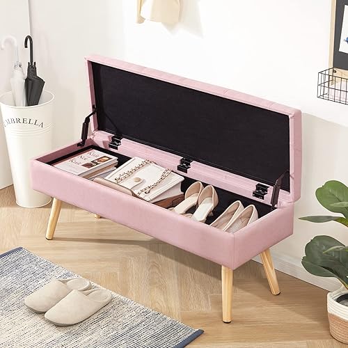 Miniatura 5 de Banco de almacenamiento moderno banco de entrada, banco otomano tapizado de lino para el pie de la cama, banco reposapiés con patas de madera, 40