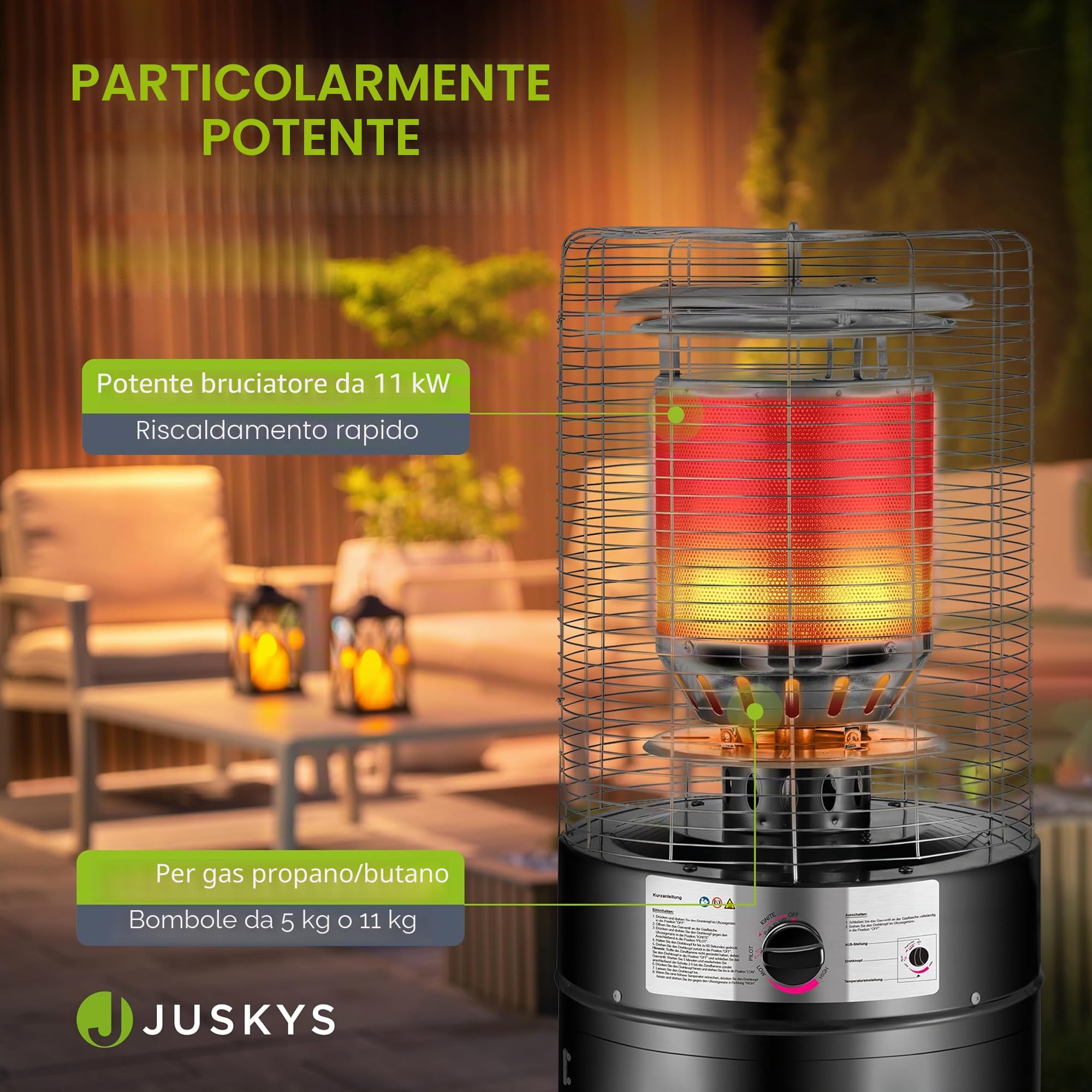 Juskys® Stufa Cuna per esterni con bruciatore a gas da 11 kW, per terrazza, balcone e giardino, per bombole di gas da 5 e 11 kg