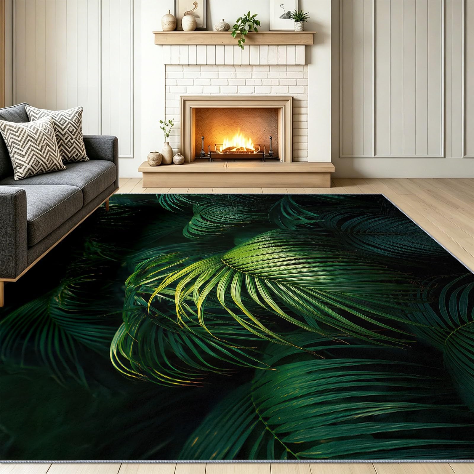 Générique Minimalist Tapis de Salon 80 x 150 cm, Flanelle Doux Lavable Antidérapant, Tapis à Poils Courts Nature Tropical Palmier Motif Feuillage Feuilles pour Salon Chambre Enfant Bureau, Vert