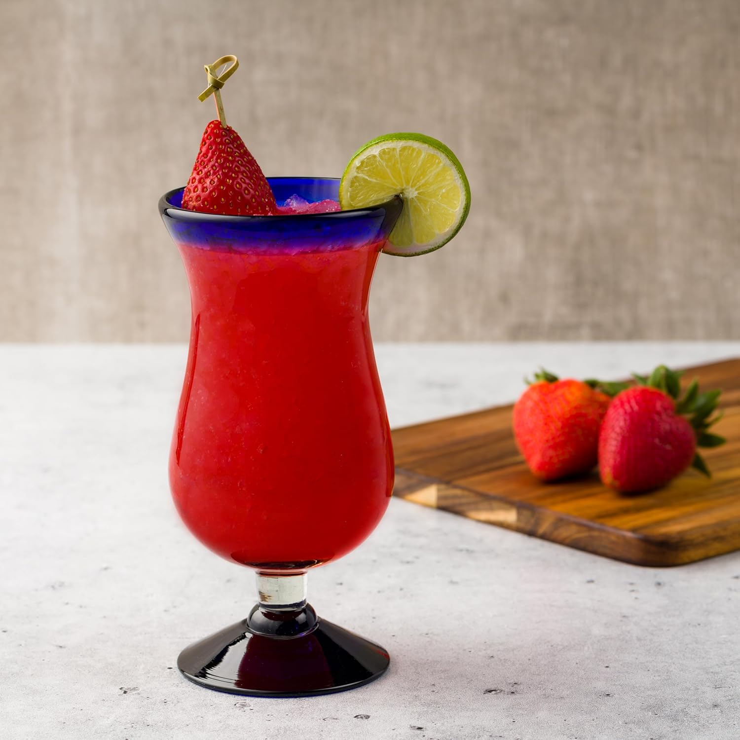 10 Strawberry Street Cobalt Rim Hurricane Handblown Mexican Glass, Set of 6