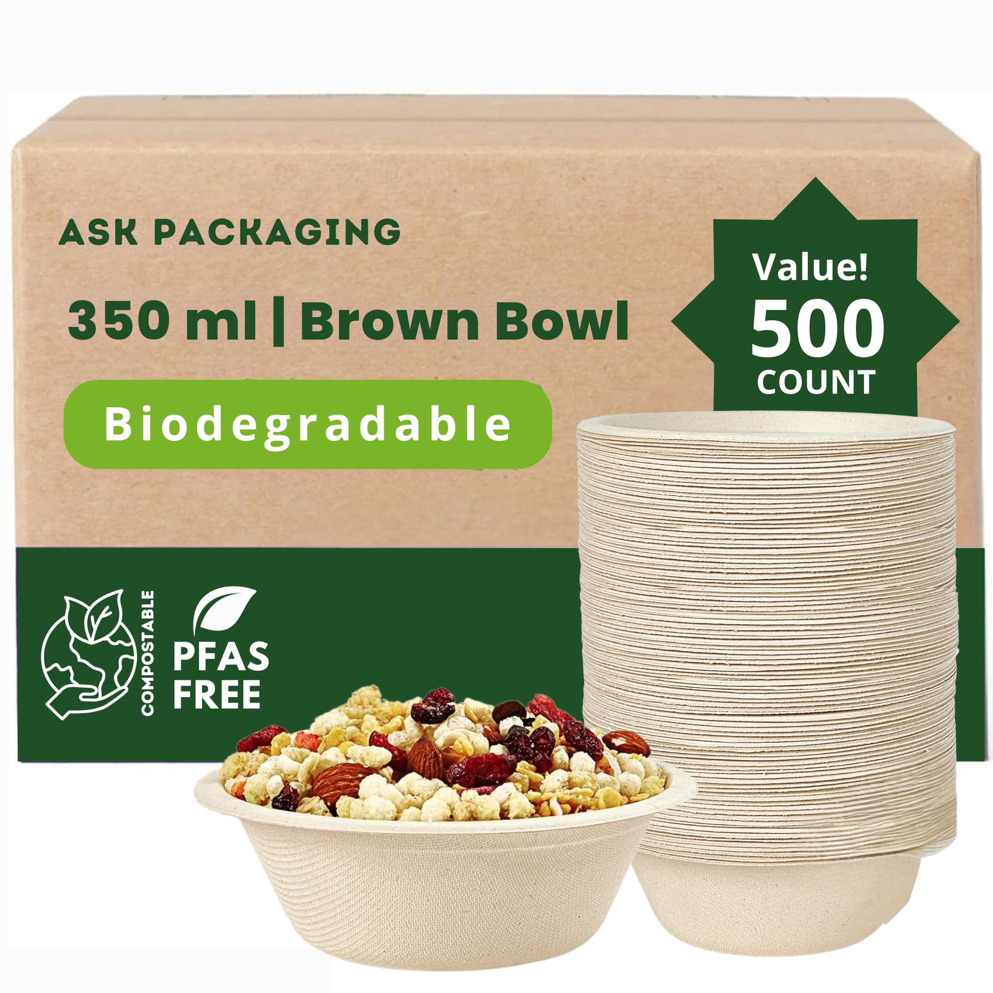Strong Paper Bowls (350ml / 500 Pack) Disposable Compostable Natural Bagasse Bowls for Party – Biodegradable Eco-Friendly Microwavable Soup Bowl for Dessert Milk Salad Cereals - Christmas, Weddings