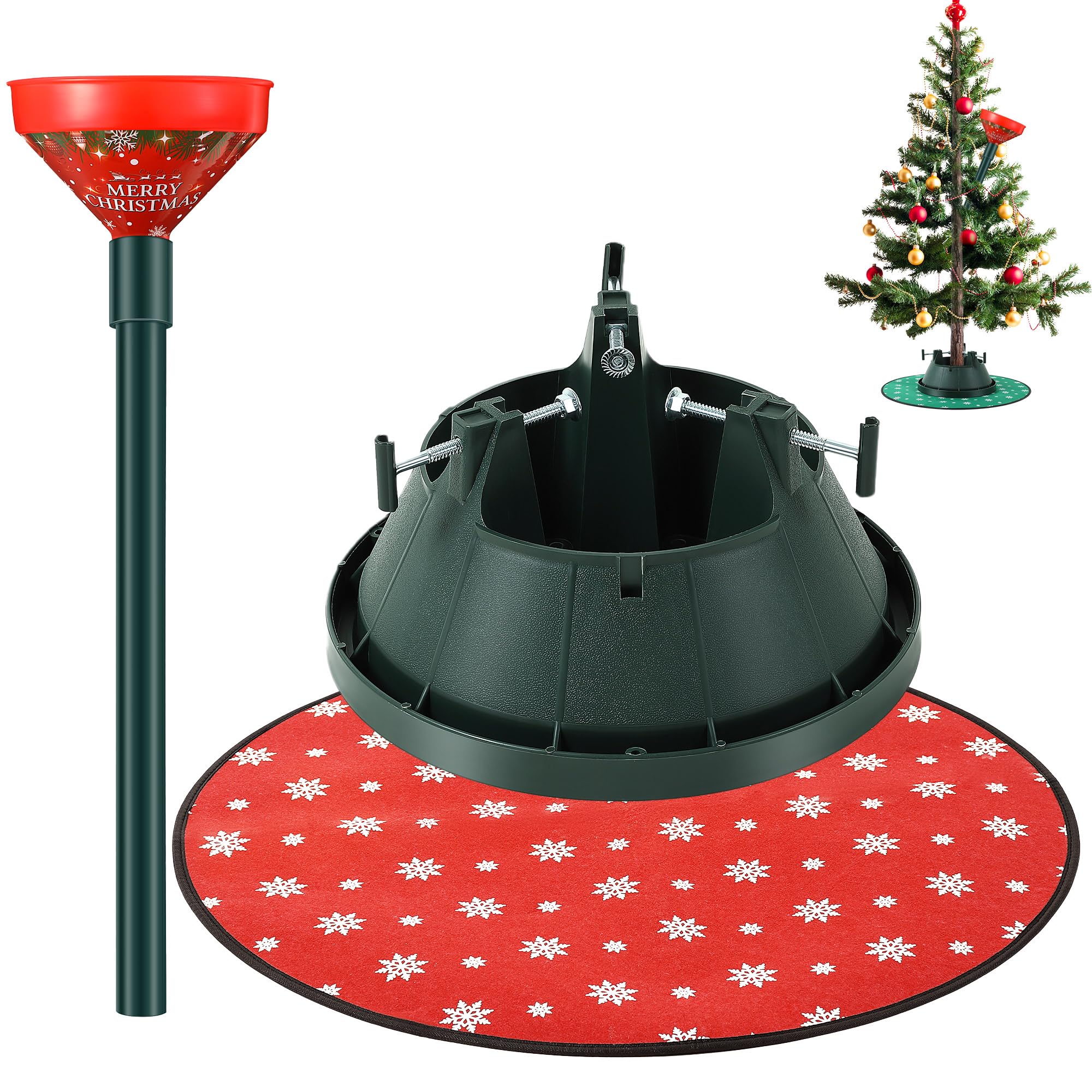 Real Christmas Tree Stand, Hold Up to 8FT Tree, Reversible Snowflake Christmas Tree Stand Mat, Christmas Tree Watering Funnel with Stainless Steel Tube for Alive Christmas Tree Indoor Outdoor
