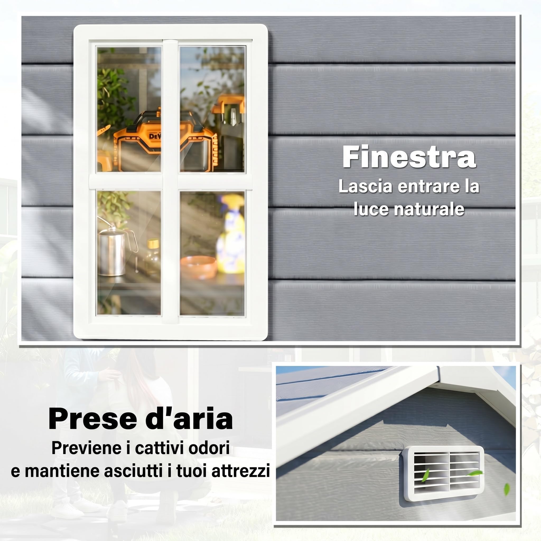 Outsunny Casetta da Giardino Porta Attrezzi in Finitura Effetto Legno Graffiato con Pavimento, 2.12m² Capanno da Giardino con Doppia Porte e Serratura, Tetto Inclinato, 183x134x210 cm, Grigio