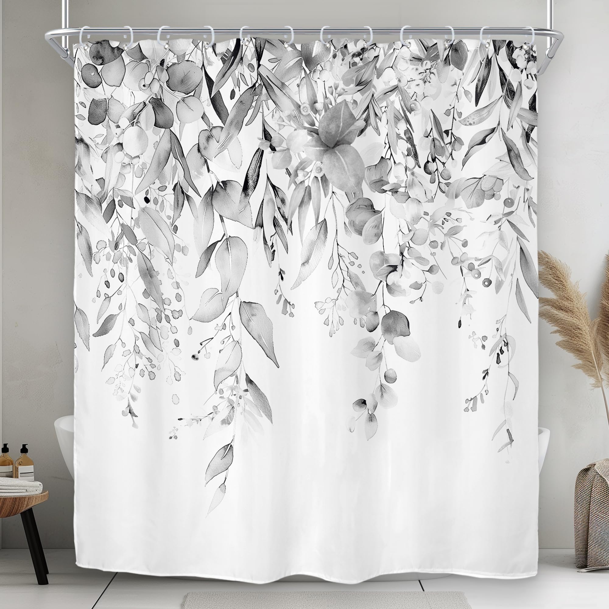 Riyidecor Grey Eucalyptus Leaves Shower Curtain for Bathroom Decor 72Wx72H Retro Plants Watercolor Floral Rustic Botanical Nature Gray Art Printed