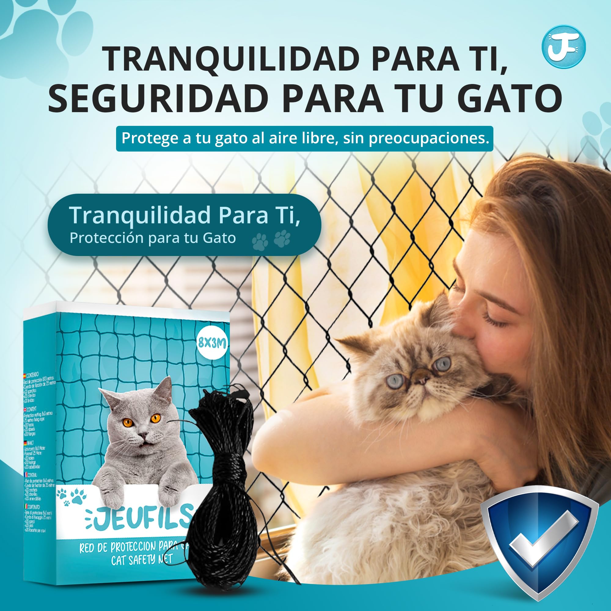 Red para Gatos Terraza (8x3m) | Red Gatos, Incluye Set de Fijación, Manual de Instrucciones - Red Gatos terraza (Color Negro) - Red para Gatos