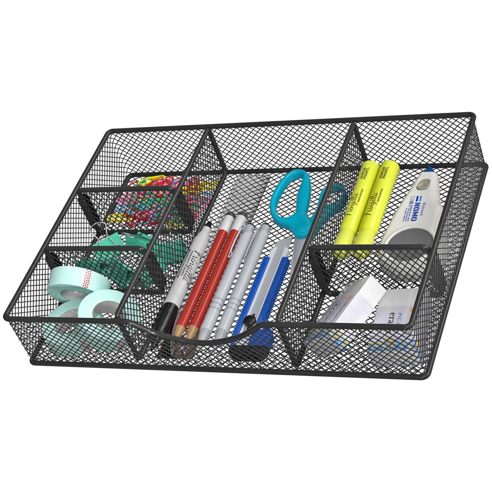 VyGrow Vassoio organizer per cassetti da scrivania, in rete metallica, organizer per ufficio, 6 scomparti regolabili, vassoio organizer da scrivania per casa e ufficio, 30,5 x 21 x 5 cm, nero,