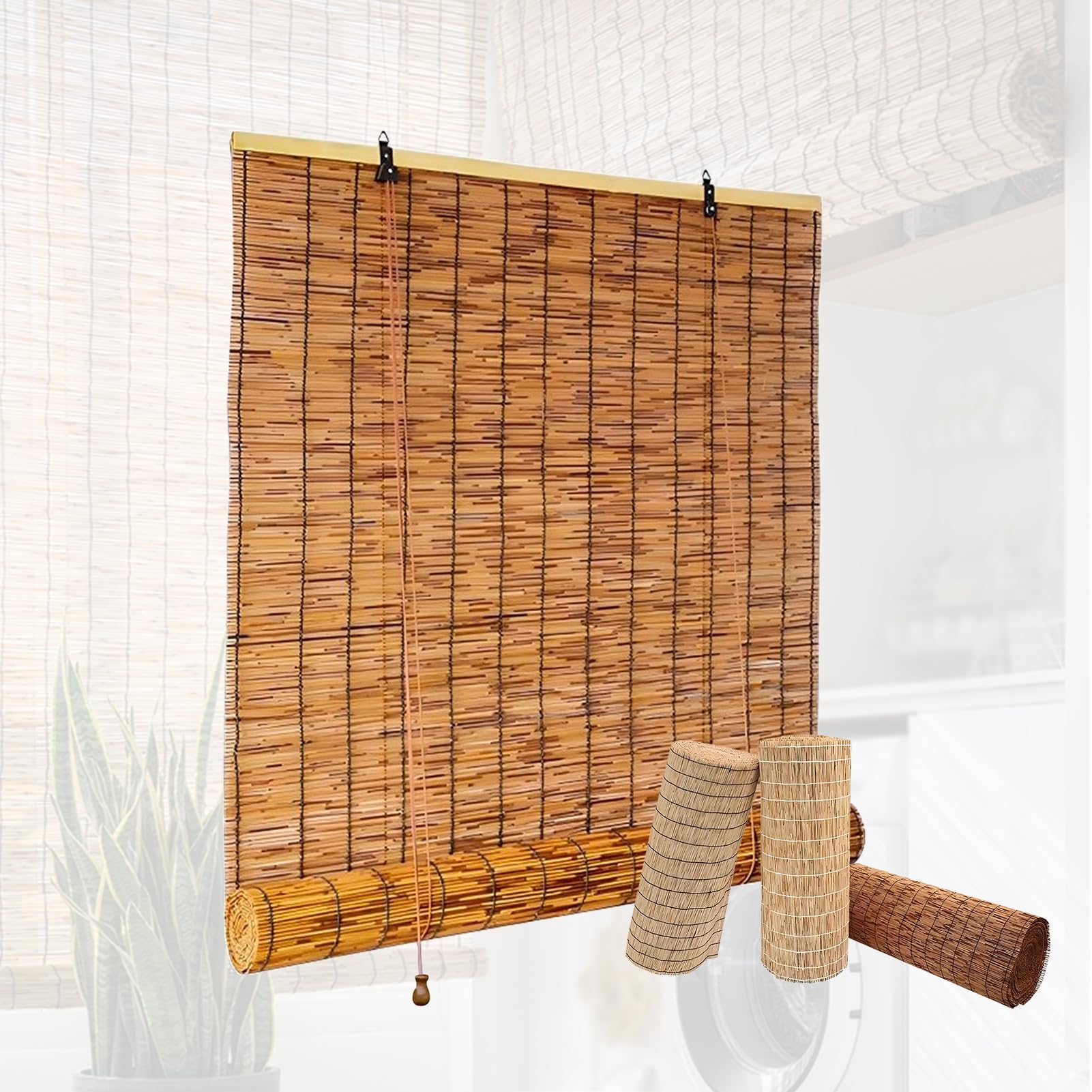 LXSDGVZD Outdoor Roller Reed Blinds Porch Bamboo Shades Natural Retro Reeds Curtain Bamboo Roller Blinds Customizable Size Privacy Screen Light Filtering Sun Protection Window Curtains