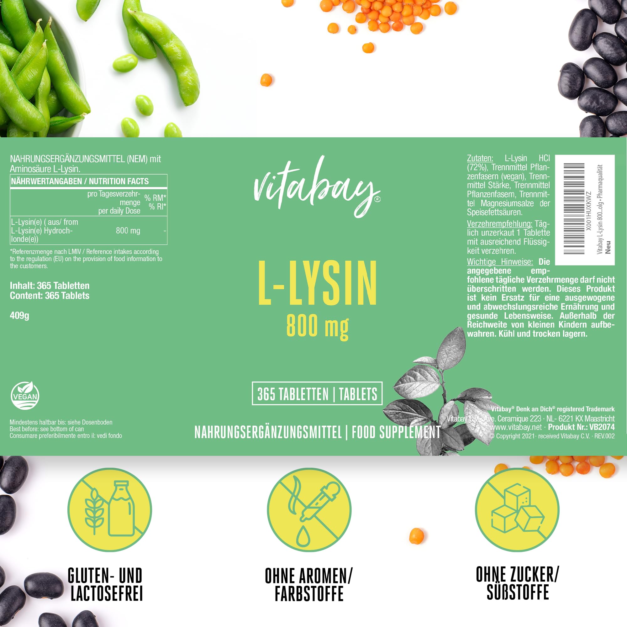 Vitabay Lysin Hochdosiert 800mg - 365 L-Lysin Tabletten Vegan & Laborgeprüft - Essentielle Aminosäure Lysine Kapseln - ohne unerwünschte Zusatzstoffe