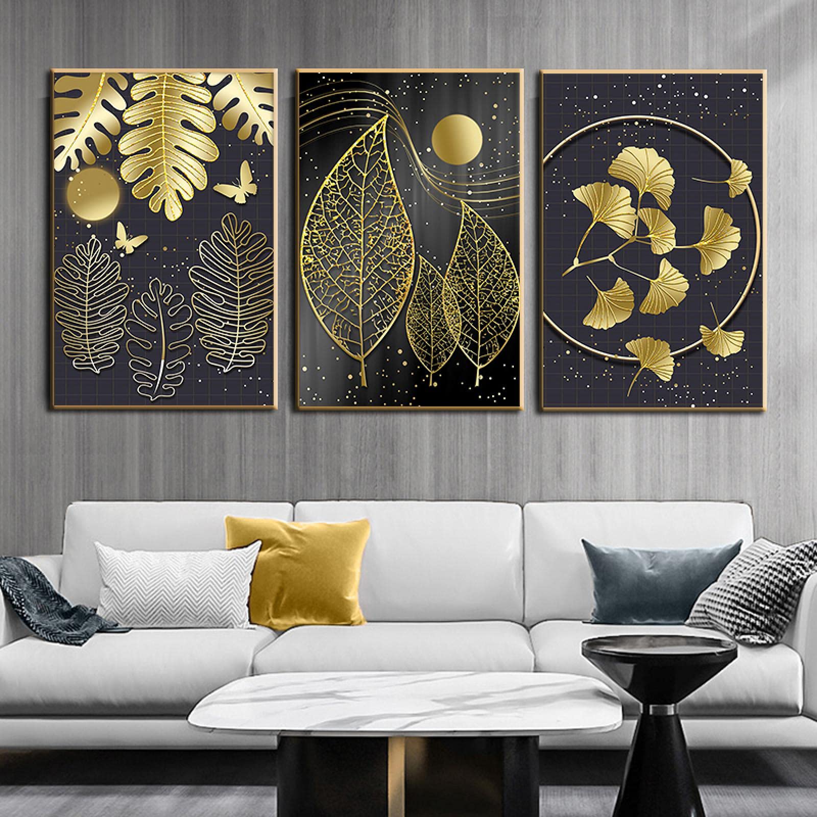 Toile plante feuille d'or pour salon triptyque chic 60x80cm - 8