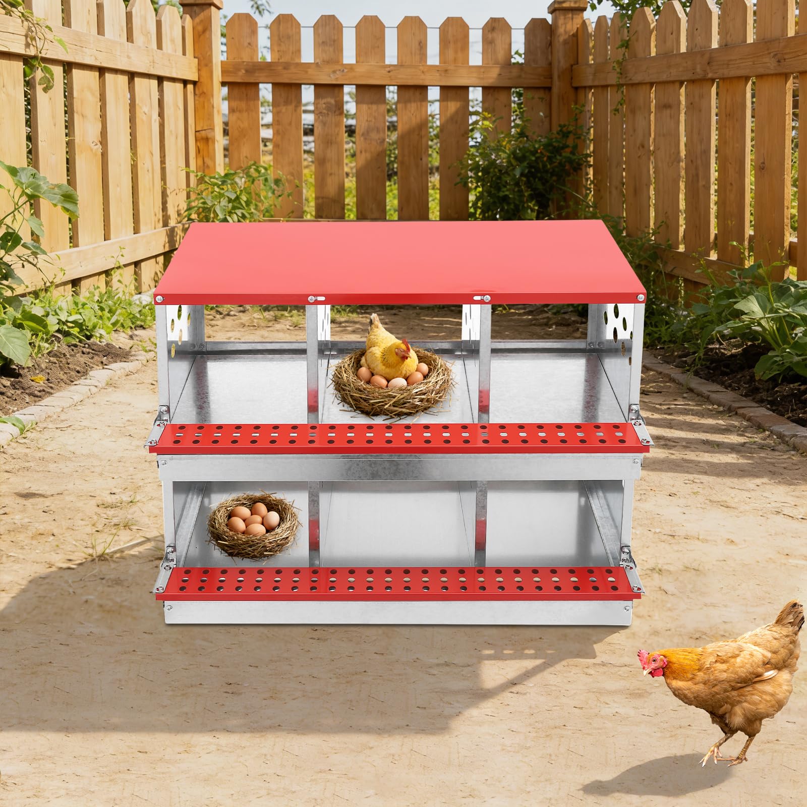 Ovaiola per galline a 6 scomparti, nido ovaiolo per gallina in acciaio zincato a 2 piani, cassetto raccoglitore inclinabile, griglia di ventilazione, carico 50 kg, montaggio a parete o autoportante