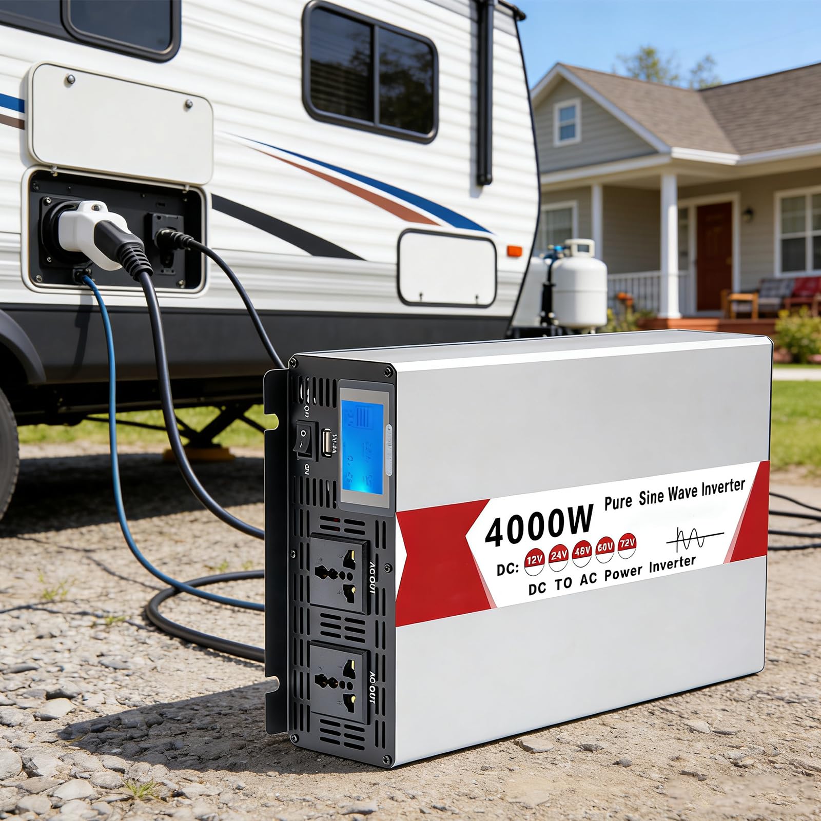 Przetwornica napięcia o dużej mocy do kamperów 4000 W (szczyt), DC 12 V/24 V/48 V/60 V do 220 V 50 Hz, z wyświetlaczem LCD HD, 2 gniazda AC do podróży