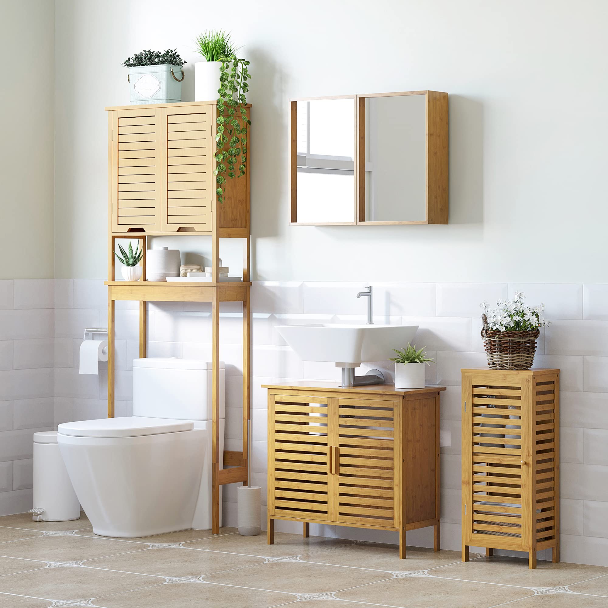 kleankin Mueble Auxiliar de Baño de Bambú Armario de Baño Moderno con Estantes Ajustables Mueble de Almacenaje para Salón Cocina Antivuelco 30x19,9x70 cm Natural