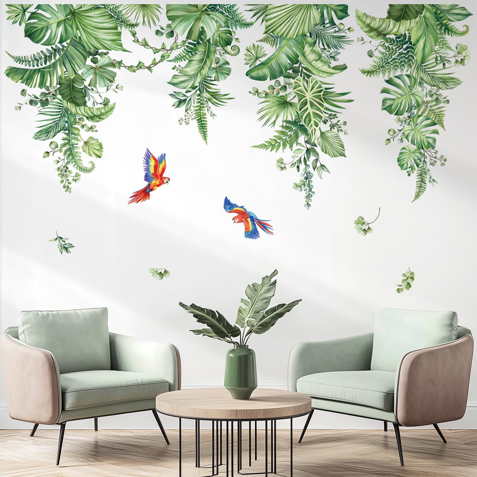 decalmile Hanging Tropical Leaves Wall Decals Green Plants Palm Leaf Vines Parrots Wall Stickers Living Room Bedroom TV Background Wall Decor