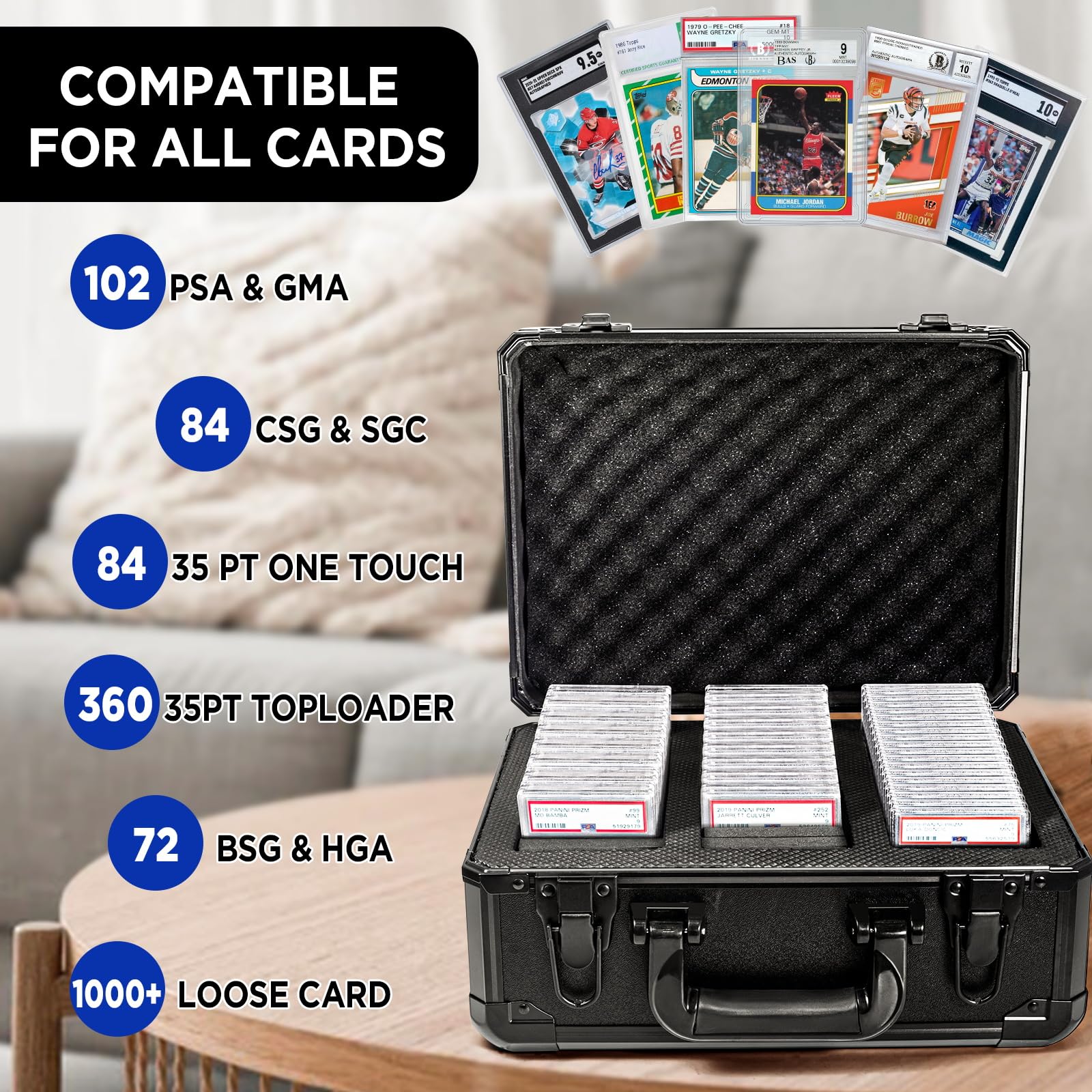 CollectHall Trading Card Storage Box - Aluminum Sports Card Display Case for Graded Cards, Black