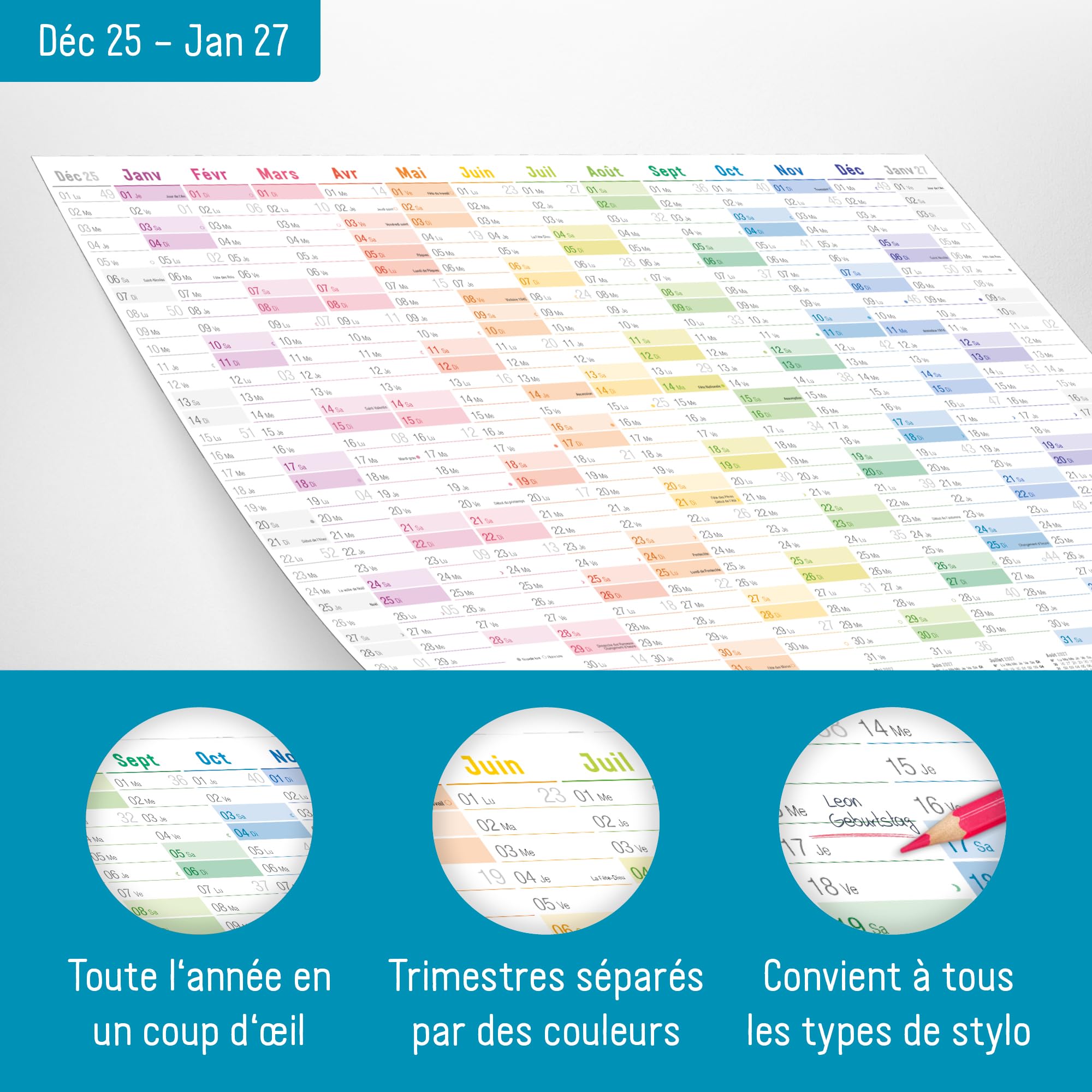Calendrier mural 2026 A2 français 14 mois déc 2025 jan 2027 jours fériés France