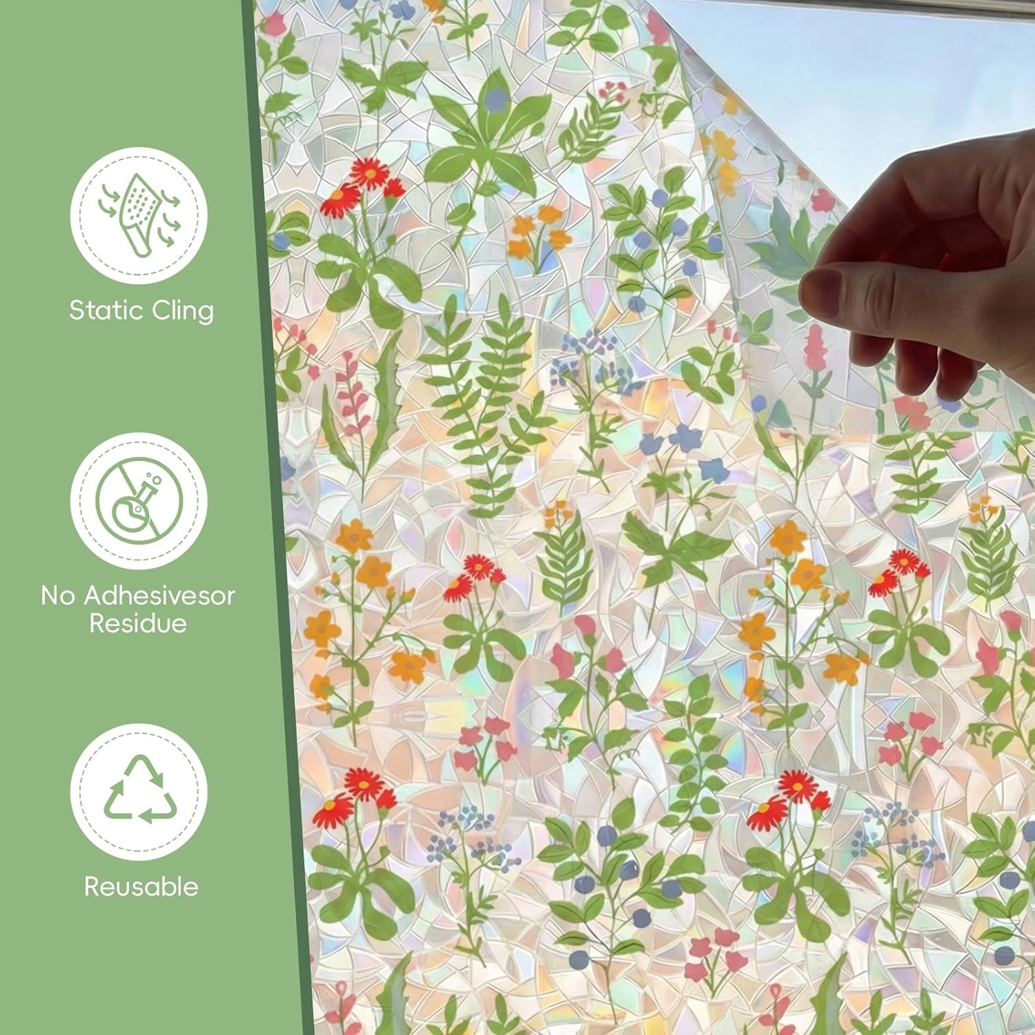 Window Privacy Film, Stained Glass Window Film Decorative Window Clings, Sun Blocking Stickers UV Heat Blocking Rainbow Window Film for Glass Doors, Bedroom Windows(Green, 23.6"×78.7")