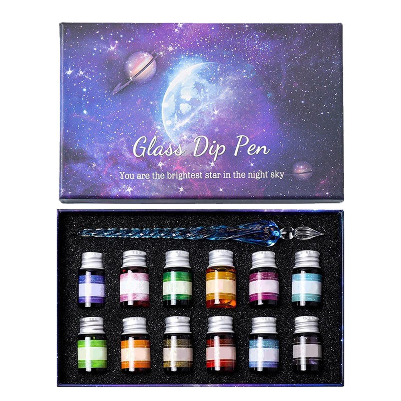 Glass Pen and Ink Set, Glass Dip Calligraphy Pen, 12 Inks Collection, Smooth Handcrafted Design, Versatile Writing Supplies, Ideal for School, Artistic Creations, Assorted Colors
