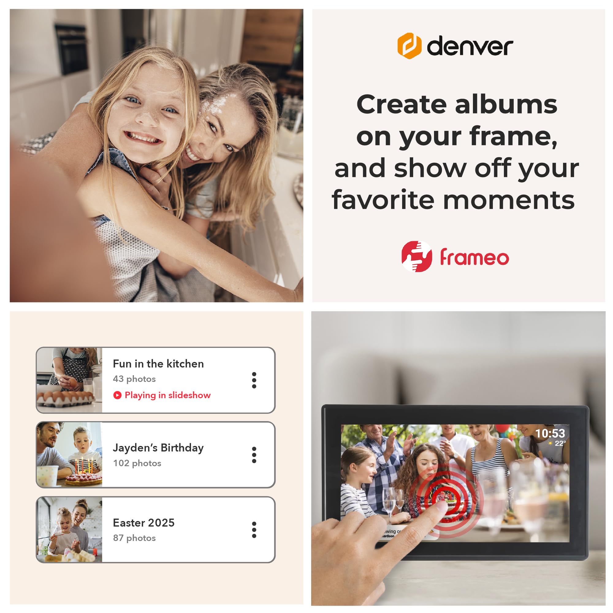 Denver PFF-1515B cyfrowa ramka na zdjęcia Wi-Fi – ekran dotykowy Full HD IPS 15,6", zintegrowane oprogramowanie FRAMEO, bezprzewodowe udostępnianie, automatyczne wyłączanie nocne, pamięć 16 GB, czarna