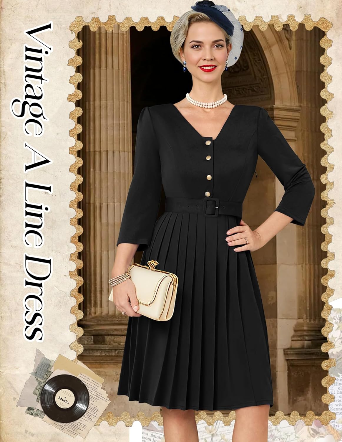 Dressystar Women's 1950s Vintage Long Sleeve Cocktail Party Dress Retro V Neck Belted Midi Rockabilly Prom Dresses Black L - Image 2