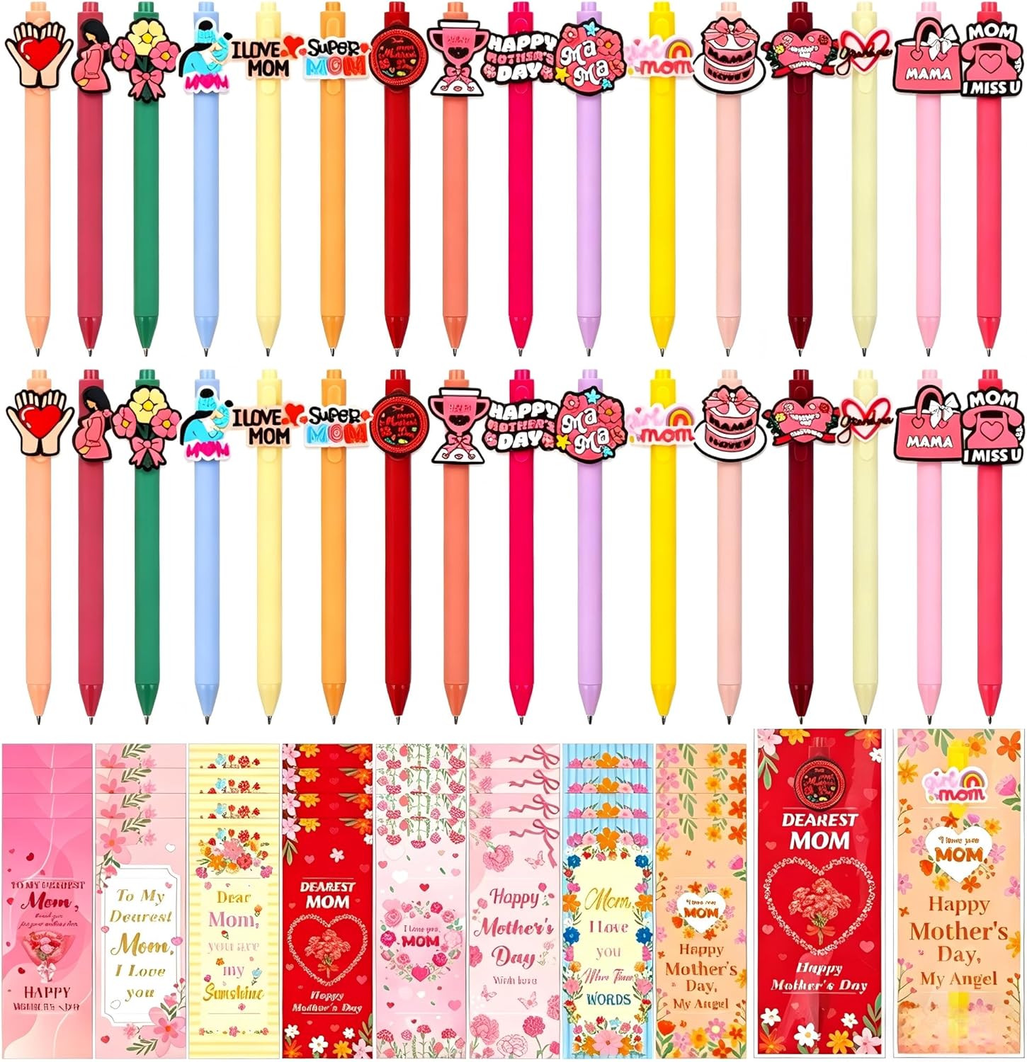 32 Sets Mothers Day Gifts Bulk Thank You Mom Pens with Cards Funny Cartoon Ballpoint Pens Mother's Day Appreciation Gift Retractable Black Ink Writing Pens for Mothers Party Favors Birthday Gifts