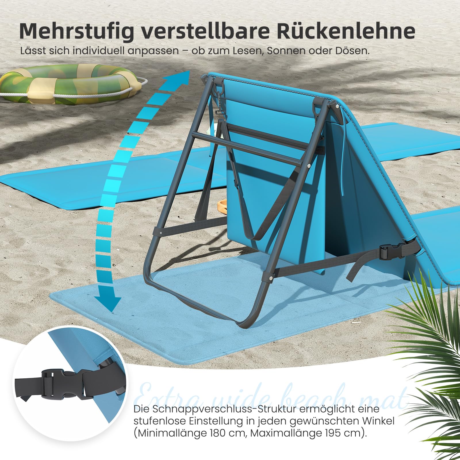 Amopatio Lot de 2 Tapis de Plage avec Dossier Réglable et Sangle – Chaise de Plage Pliable pour Plage, Jardin, Camping et Terrasse, Bleu